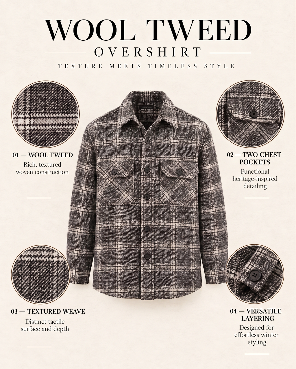 Melange Tartan Beige Checked Premium Wool Shirt for Men
