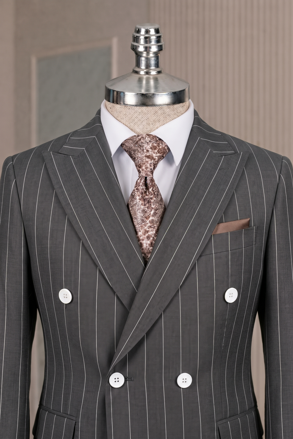 French Cuff Men's Gunmetal Striped Double Breasted Blazer