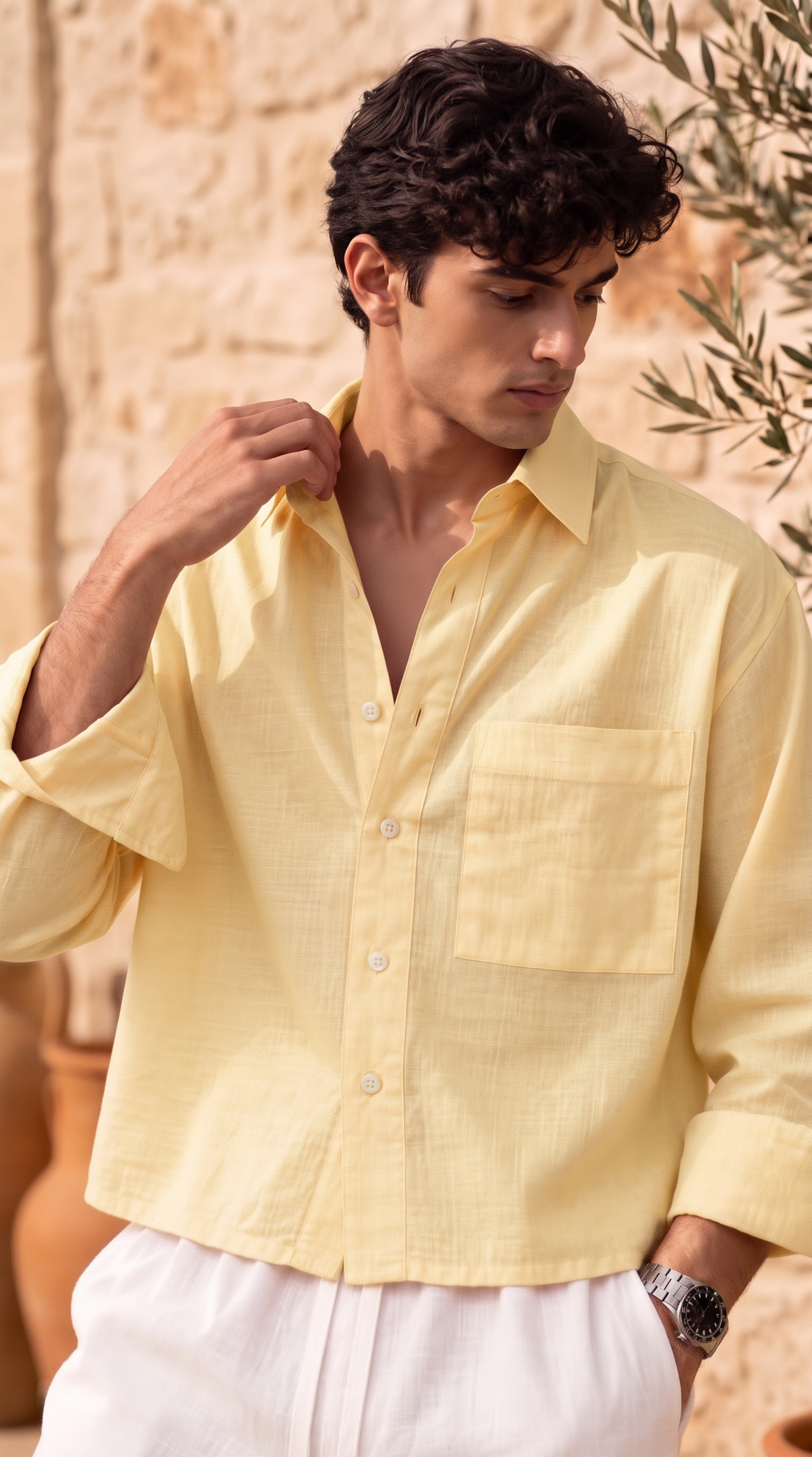 Full Sleeve Yellow Boxy Fit Pure Belgium Linen Crop Shirt