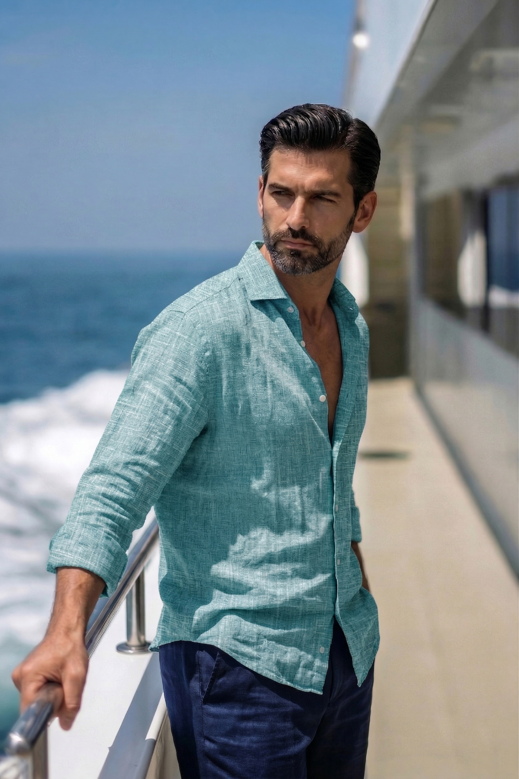 Full Sleeve Linen Pair For Men | Sky Blue Linen Shirt with Navy Linen Pant