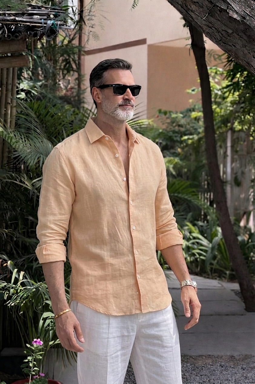 Full Sleeve Linen Pair For Men | Khaki Linen Shirt with White Linen Pant