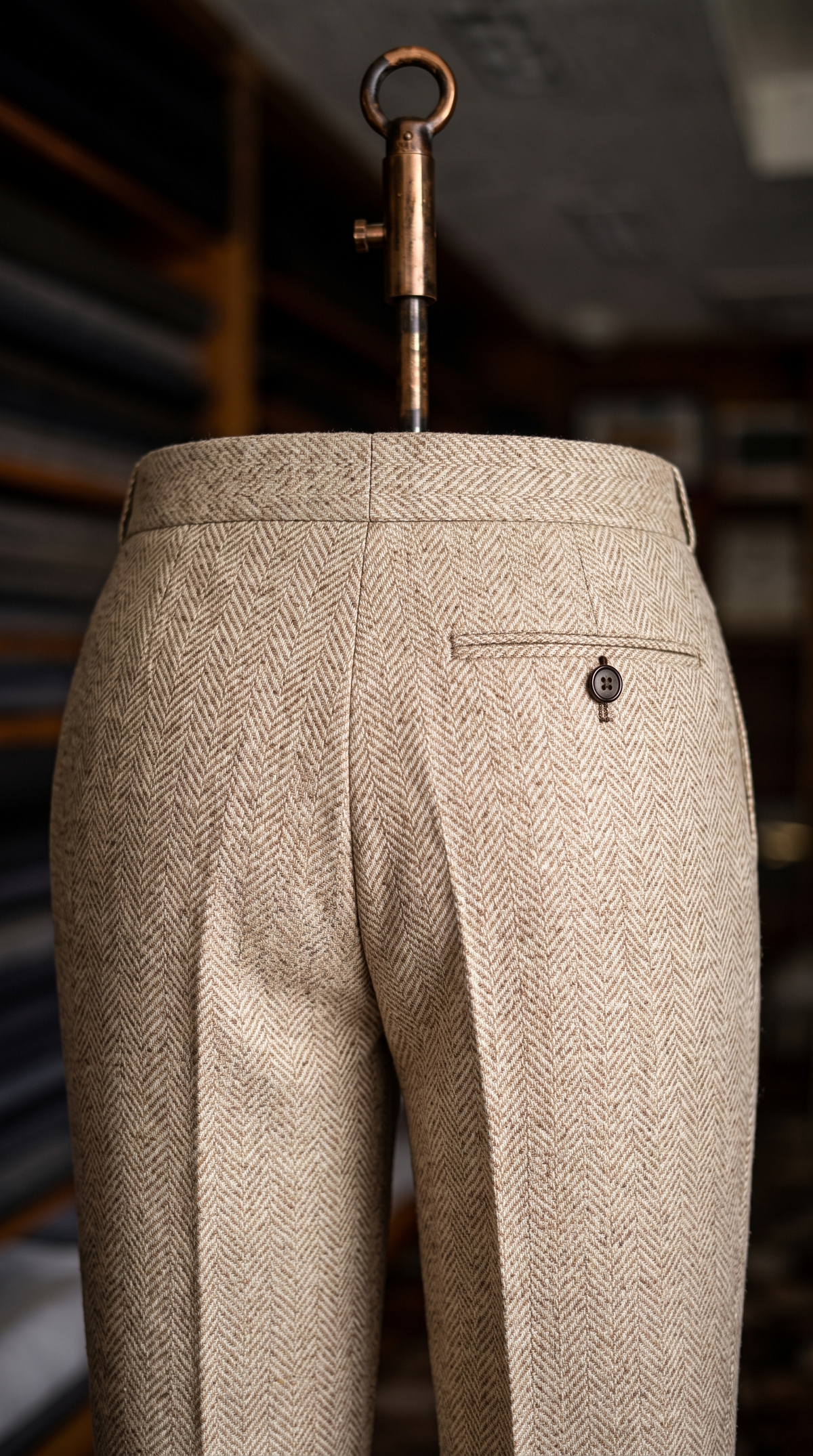 Imperial Beige Herringbone Double Pleated Trousers For Men