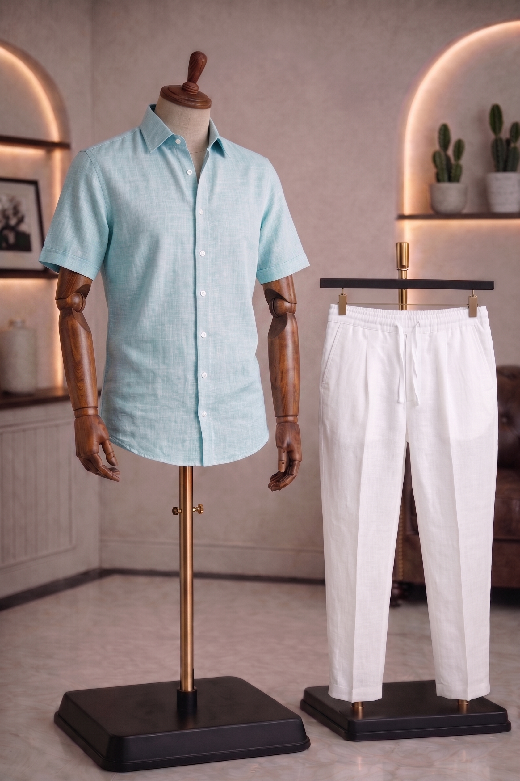Half Sleeve Linen Pair For Men | Sky Blue Linen Shirt with White Linen Pant