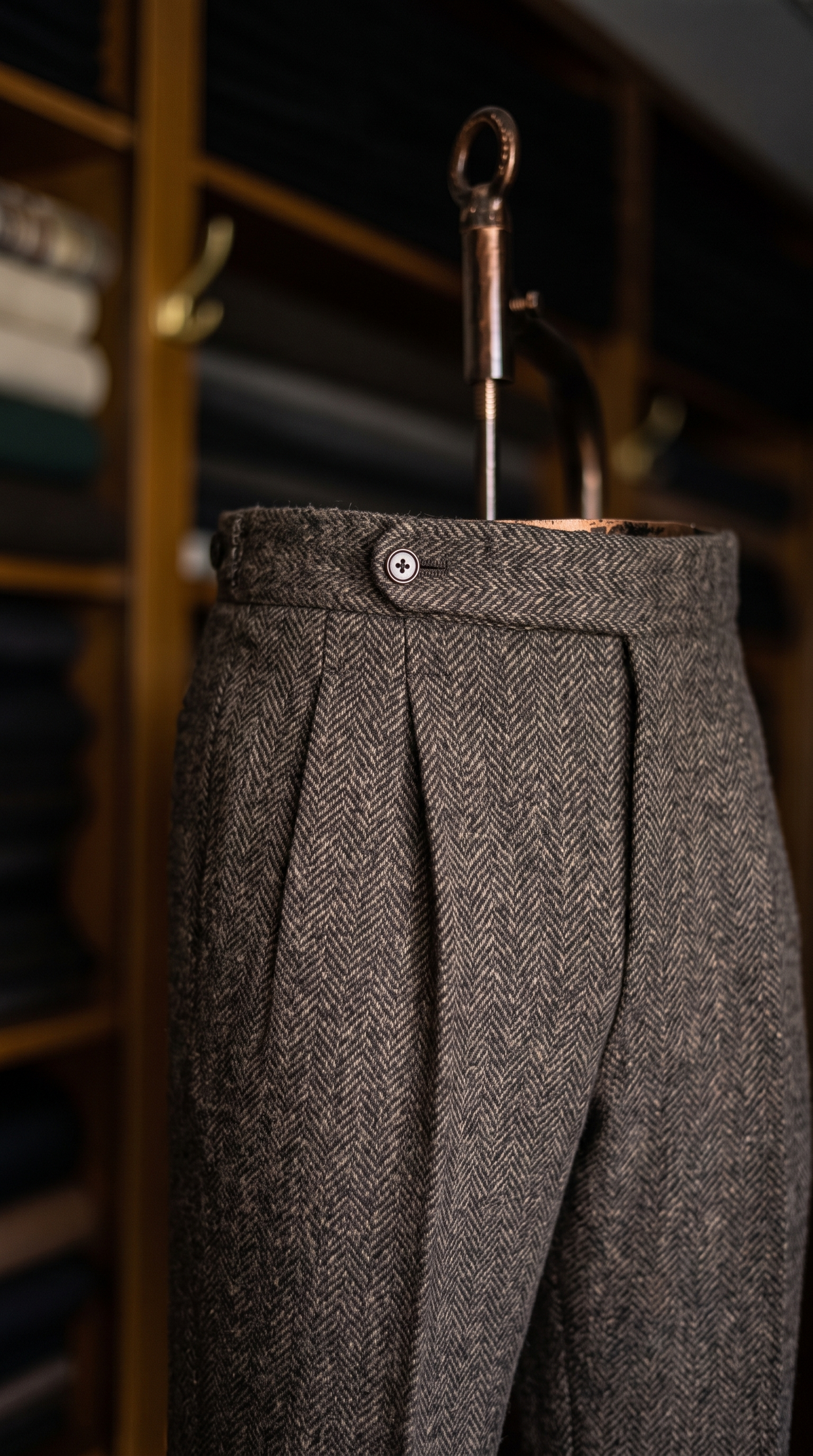 Imperial Brown Herringbone Double Pleated Trousers For Men