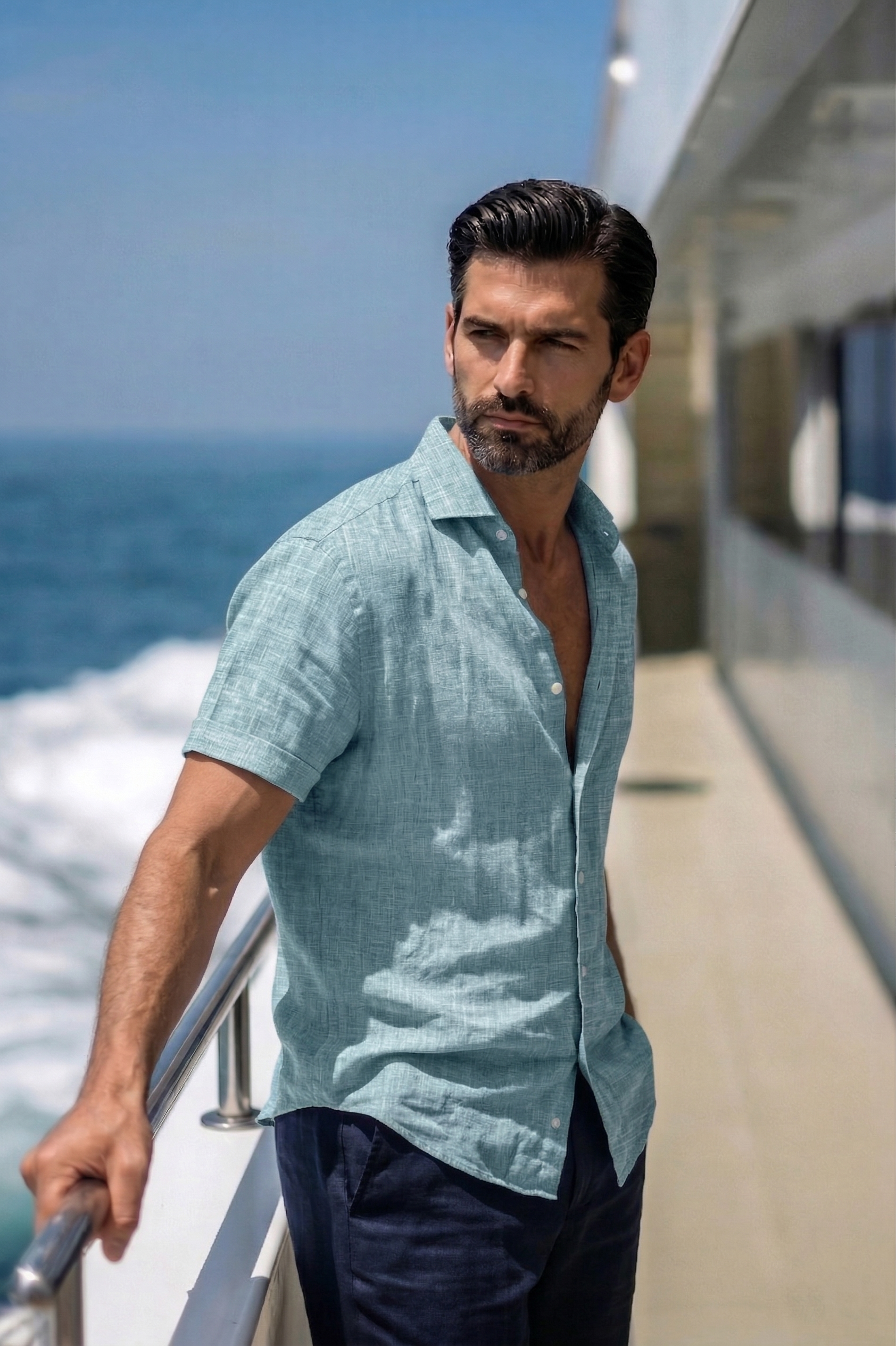 Half Sleeve Linen Pair For Men | Sky Blue Linen Shirt with Navy Linen Pant