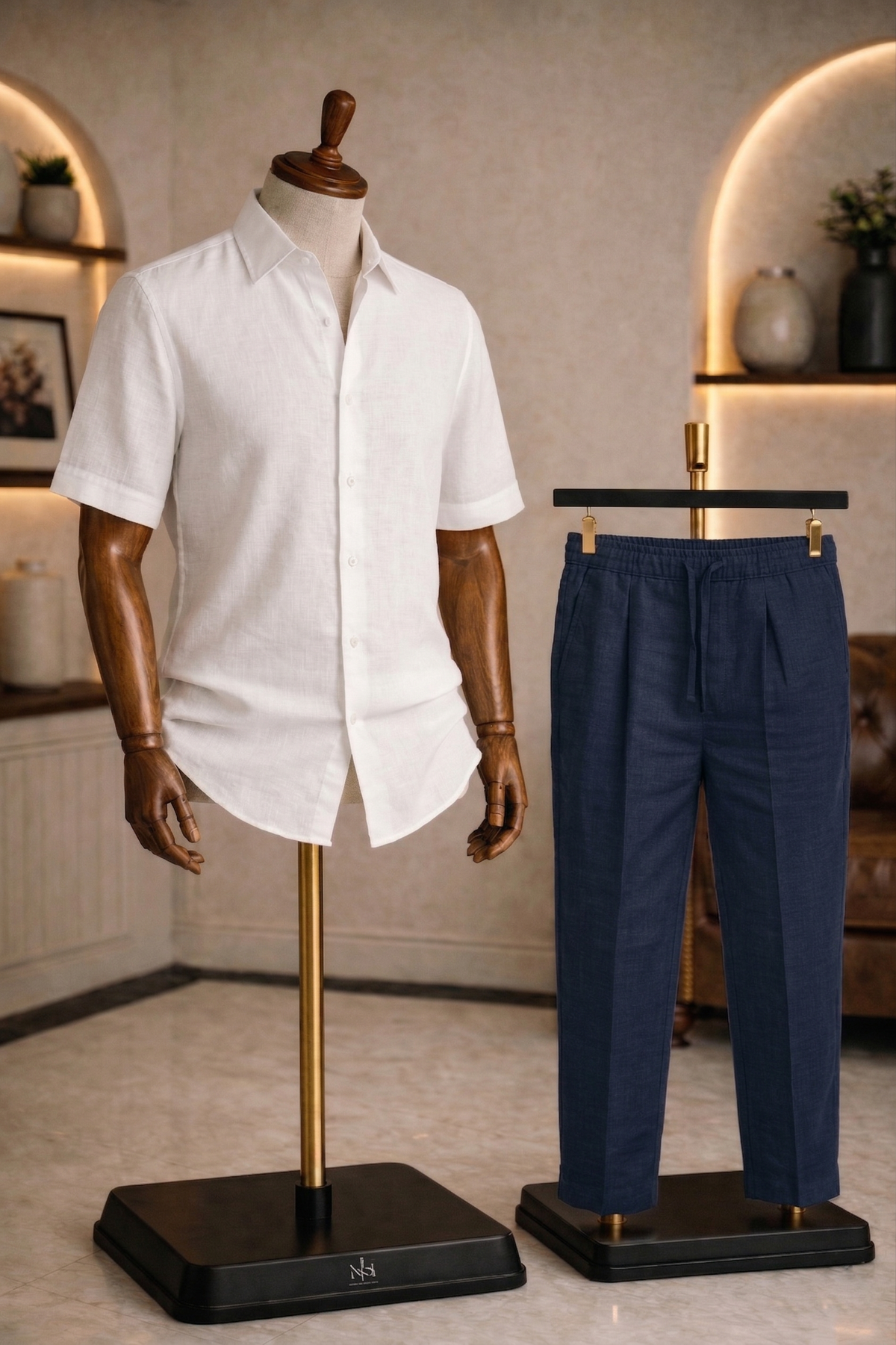 Half Sleeve Linen Pair For Men | White Linen Shirt with Navy Linen Pant