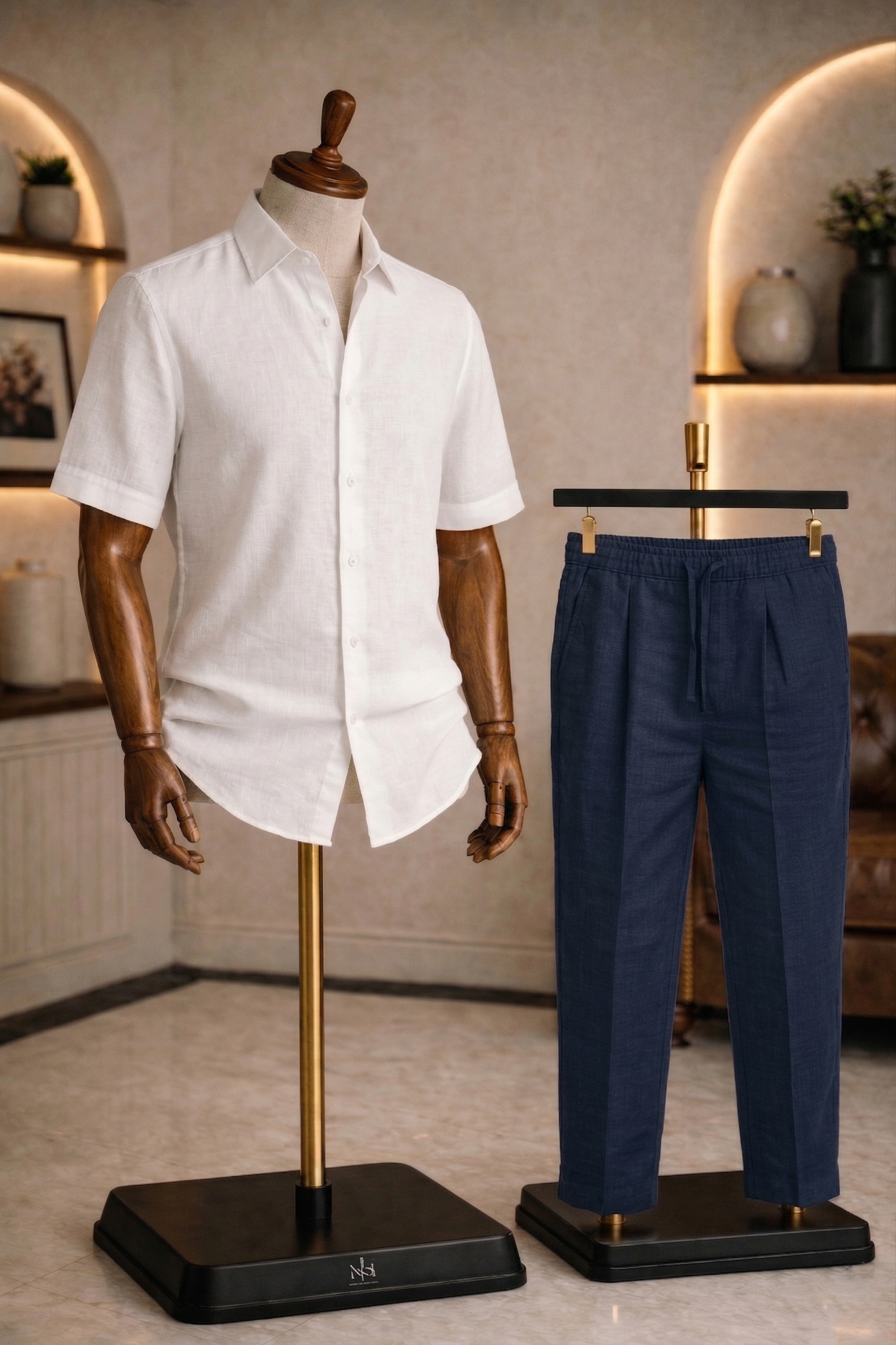 Half Sleeve Linen Pair For Men | White Linen Shirt with Navy Linen Pant