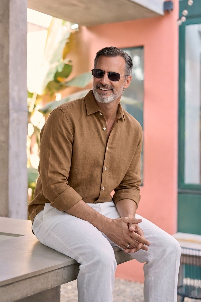 Full Sleeve Linen Pair For Men | Brown Linen Shirt with White Linen Pant