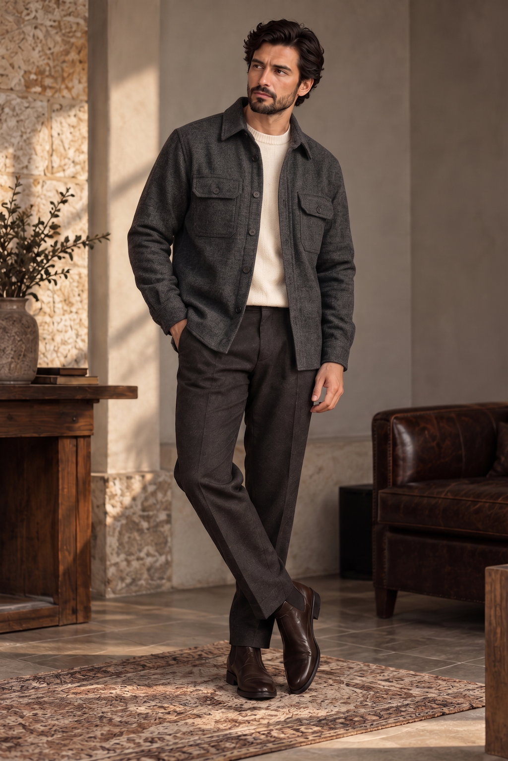 Melange Charcoal Black Premium Wool Shirt for Men