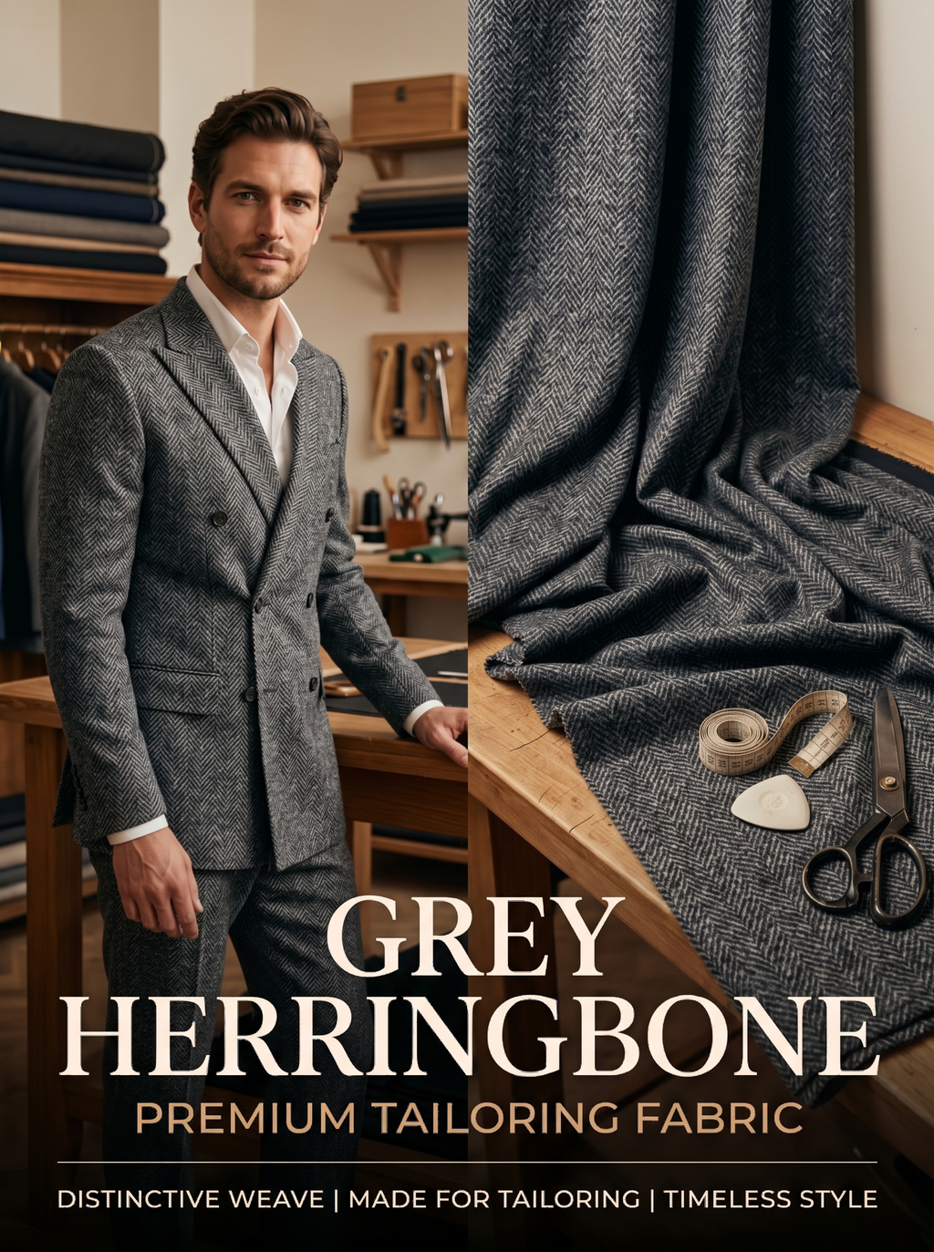 Luxury Grey Herringbone Fabric | Premium Formal Wear Fabric