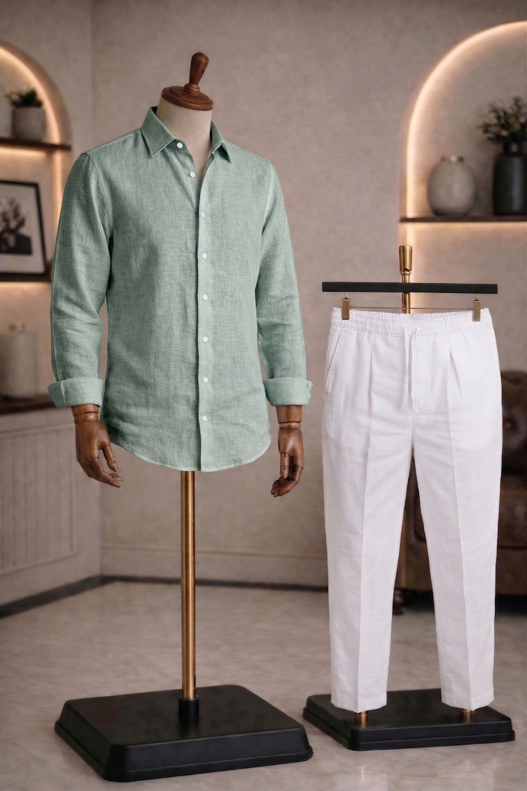 Full Sleeve Linen Pair For Men | Minty Green Linen Shirt with White Linen Pant
