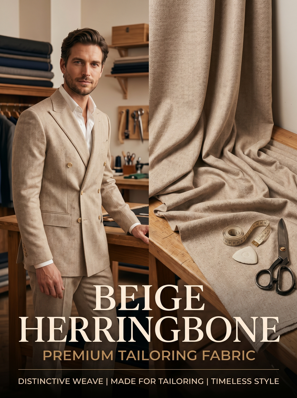 Luxury Beige Herringbone Fabric | Premium Formal Wear Fabric