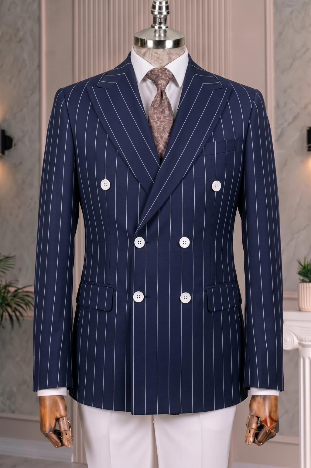 French Cuff Men's Navy Striped Double Breasted Blazer
