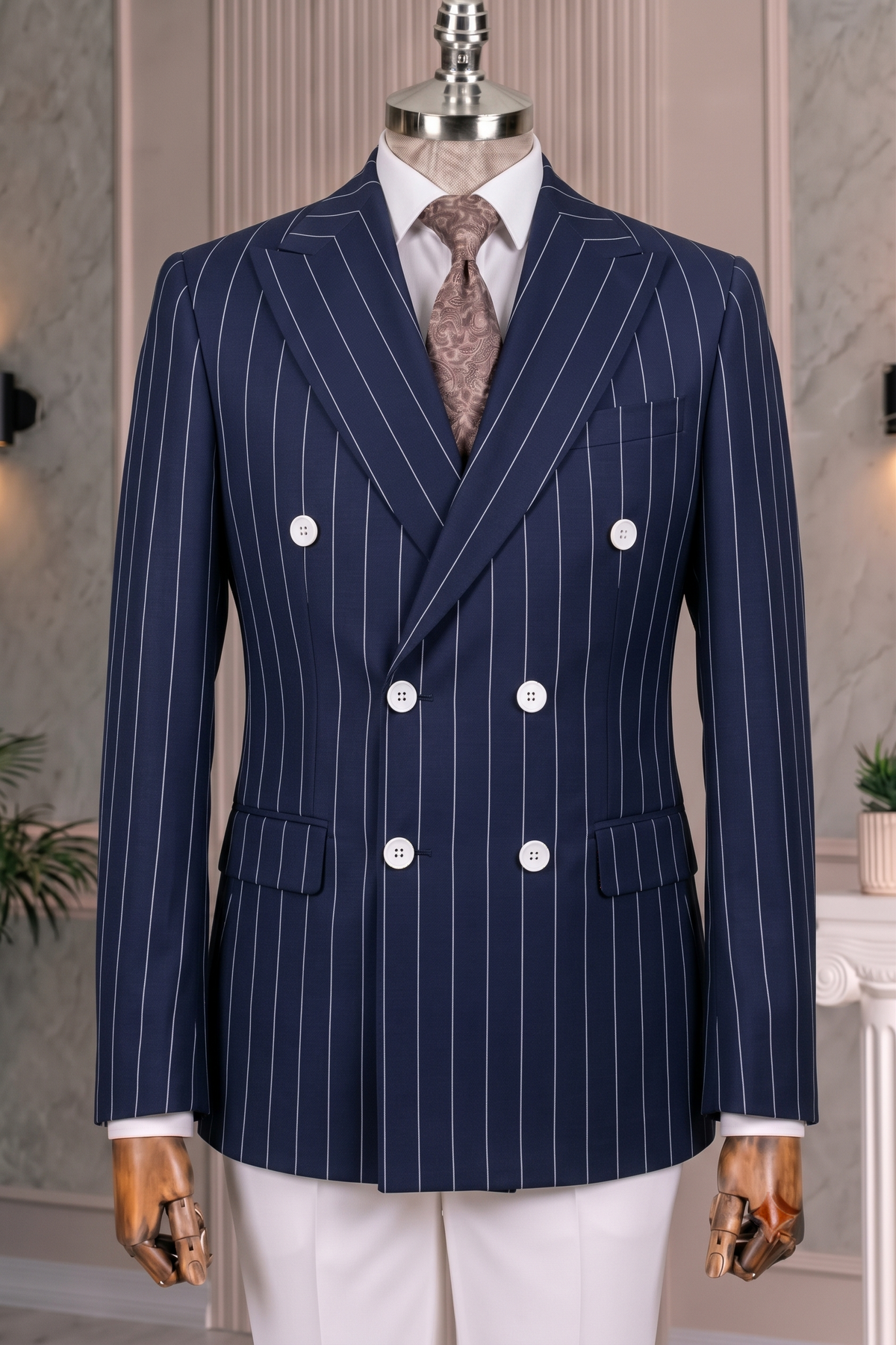 French Cuff Men's Navy Striped Double Breasted Blazer