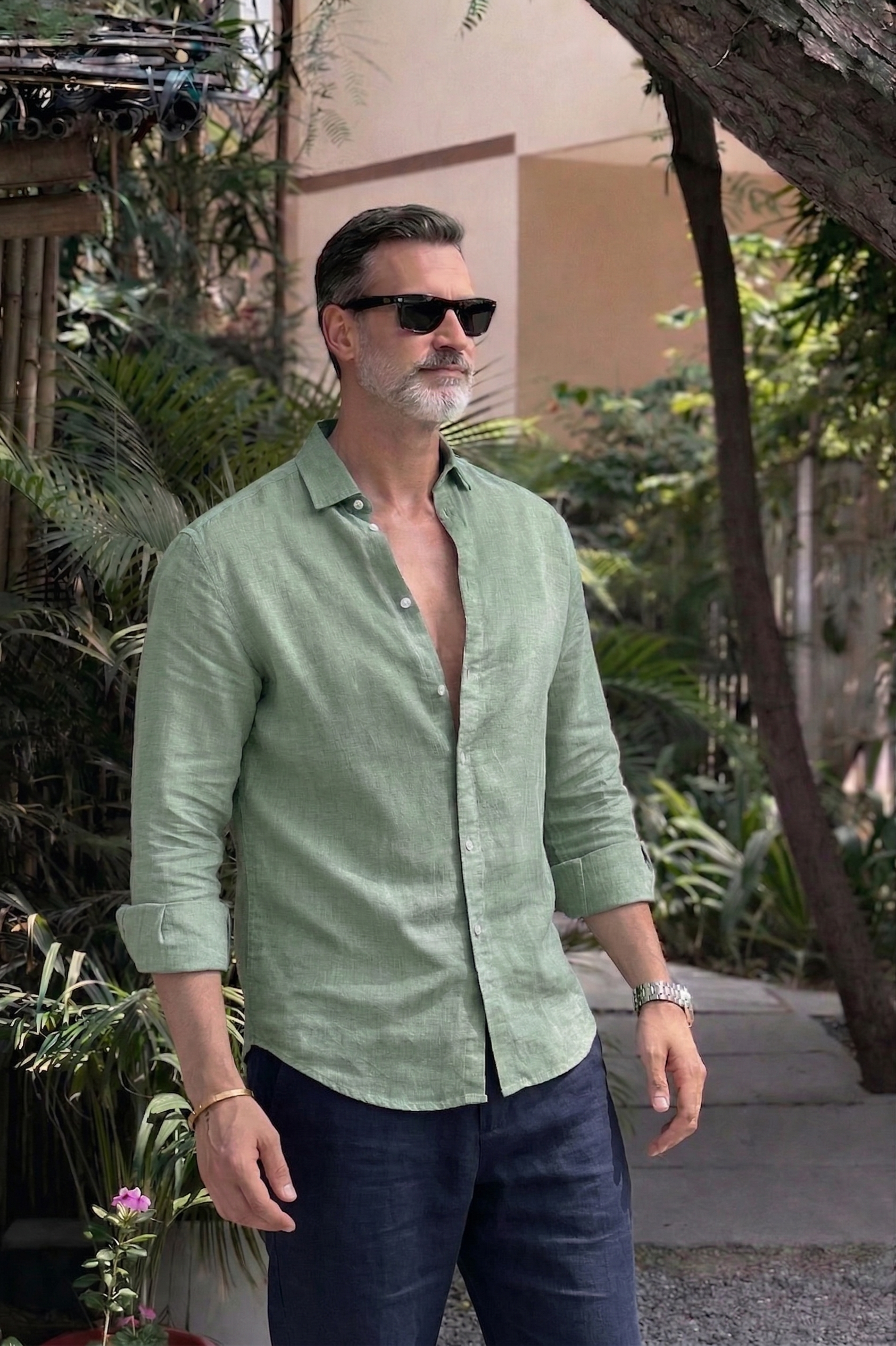 Half Sleeve Linen Pair For Men | Minty Green Linen Shirt with Navy Linen Pant