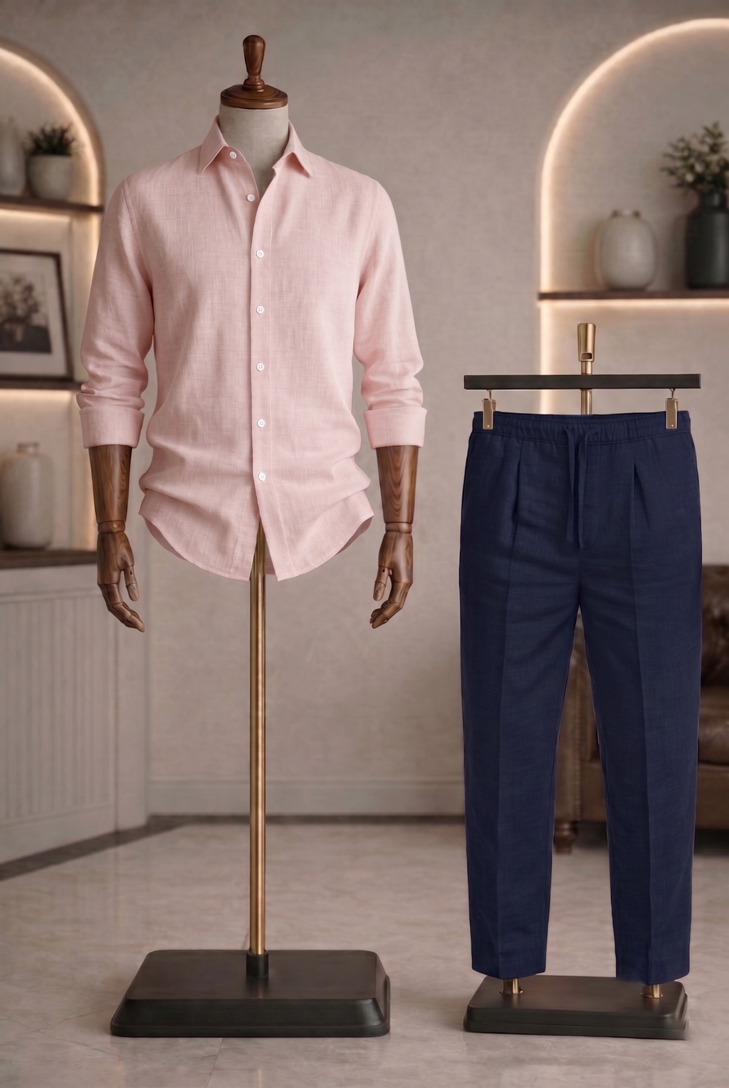Full Sleeve Linen Pair For Men | Powder Pink Linen Shirt with Navy Linen Pant by french cuff