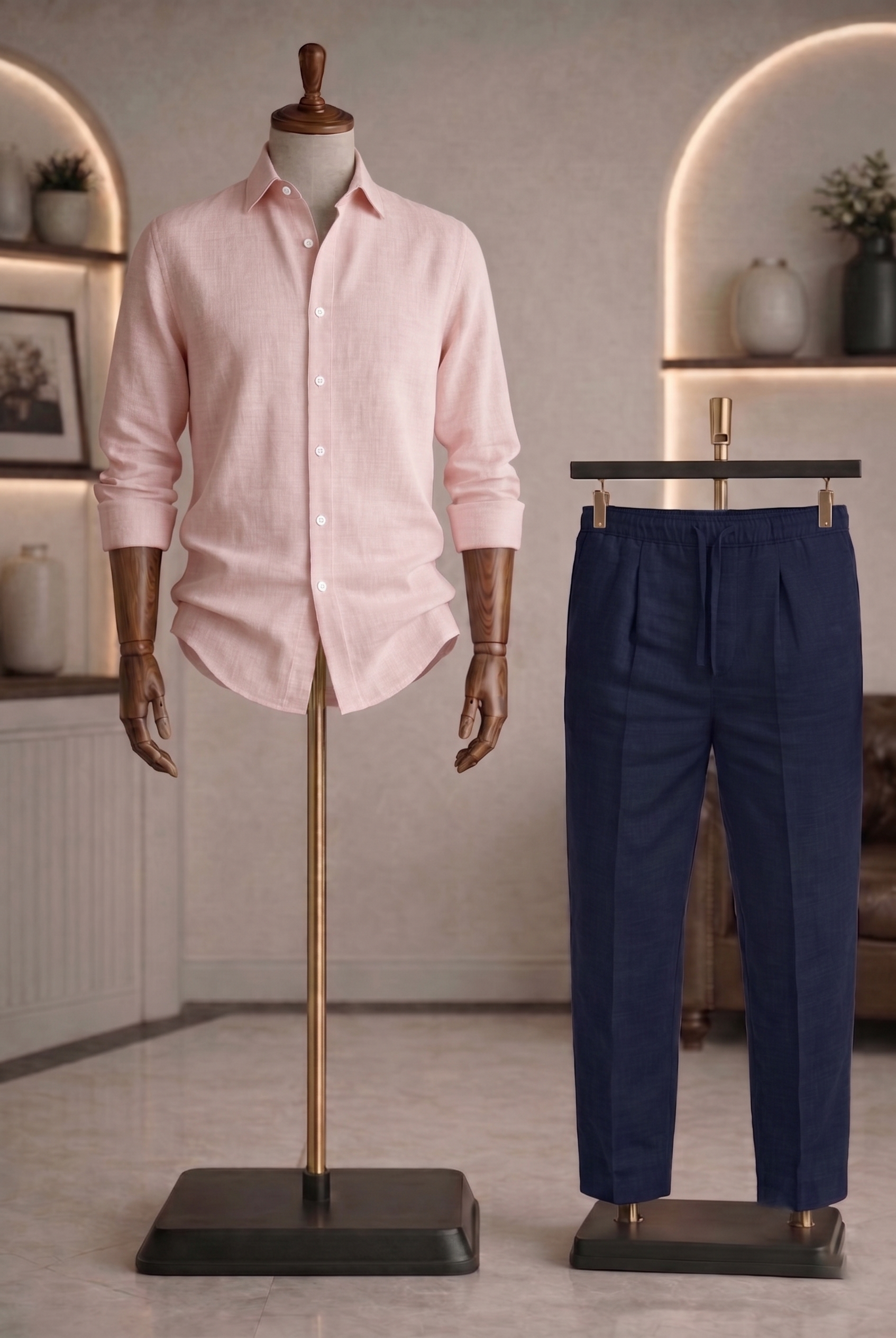 Full Sleeve Linen Pair For Men | Powder Pink Linen Shirt with Navy Linen Pant by french cuff