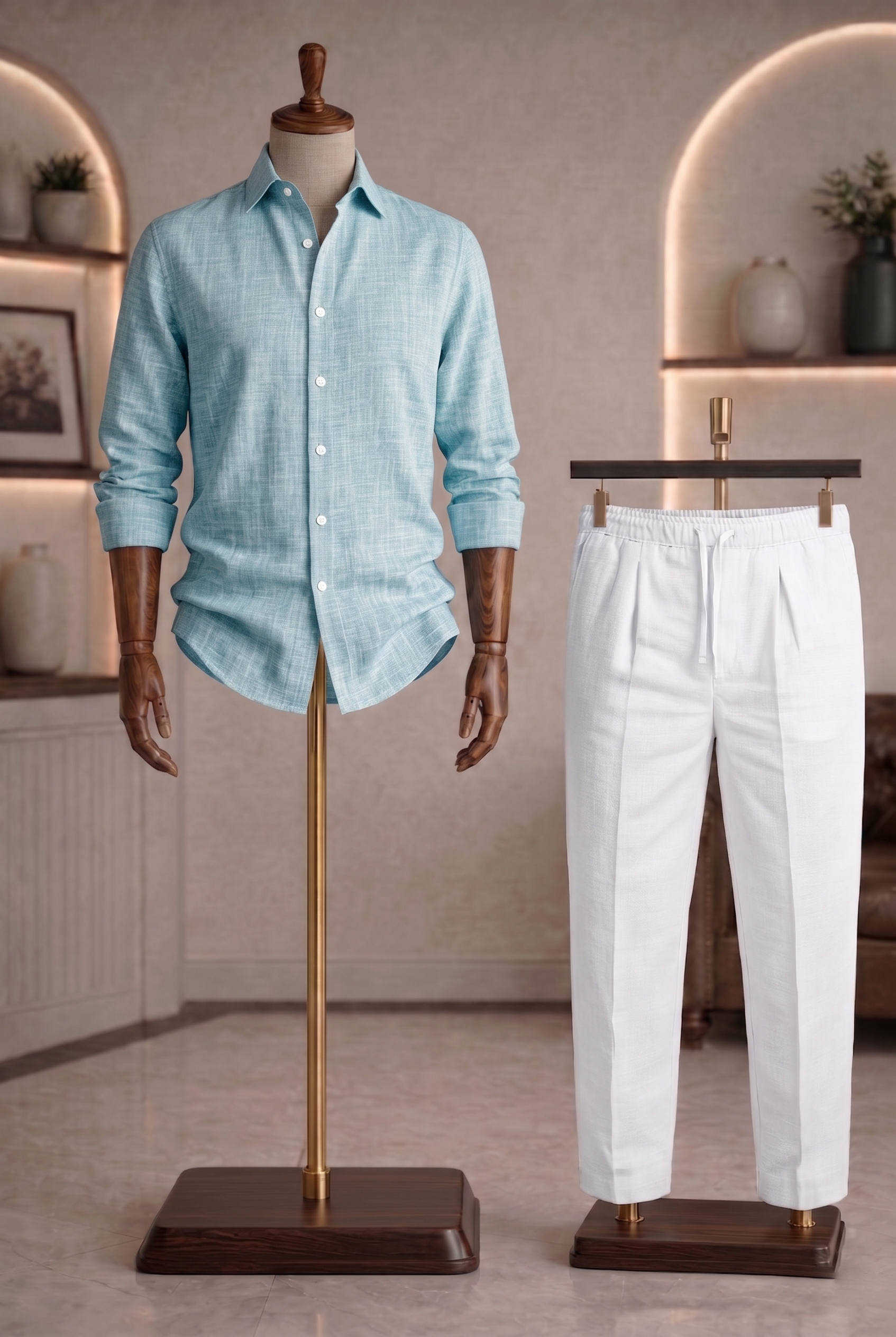 Full Sleeve Linen Pair For Men | Sky Blue Linen Shirt with White Linen Pant