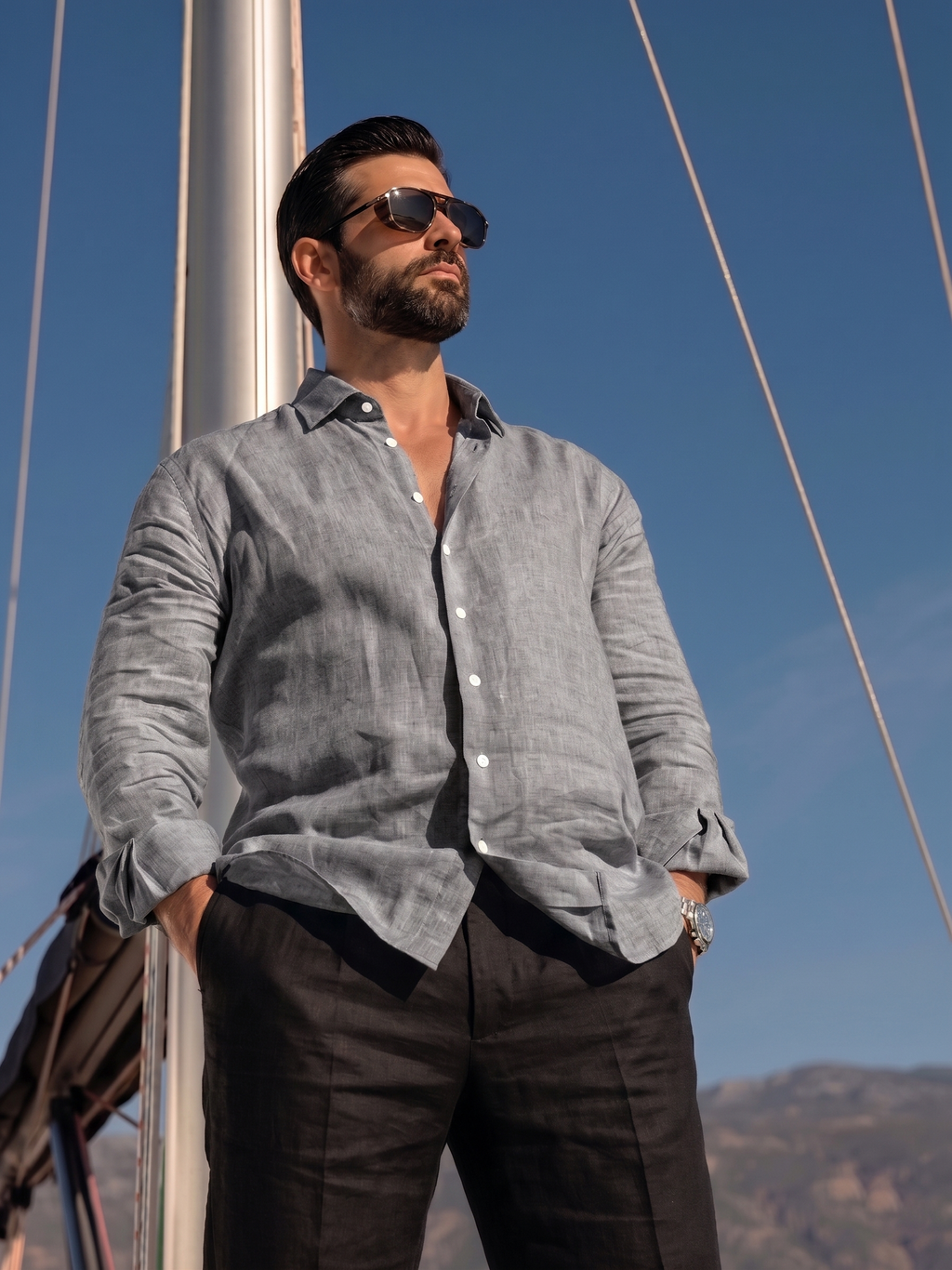 Full Sleeve Linen Pair For Men | Dark Grey Linen Shirt with Black Linen Pant