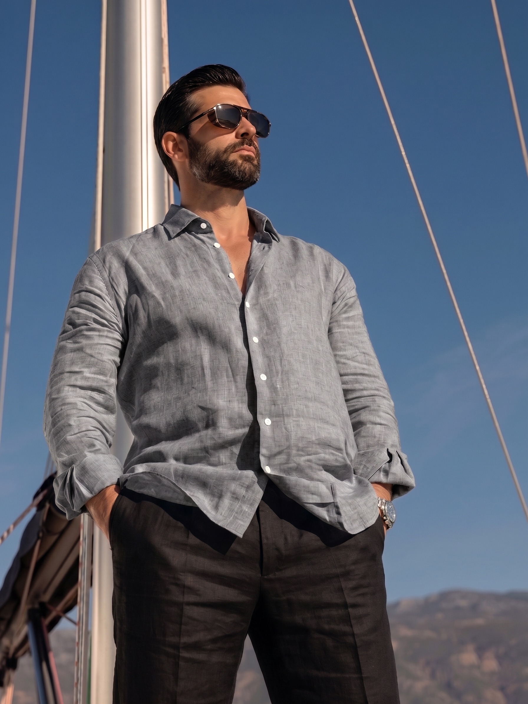 Full Sleeve Linen Pair For Men | Dark Grey Linen Shirt with Black Linen Pant