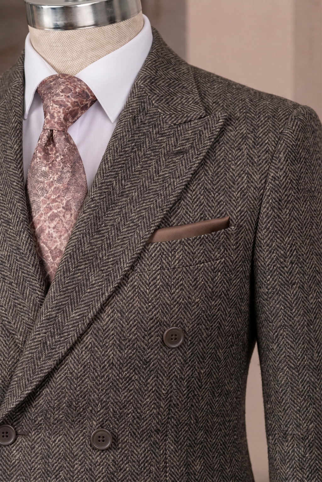 French Cuff Men's Brown Herringbone Double Breasted Blazer