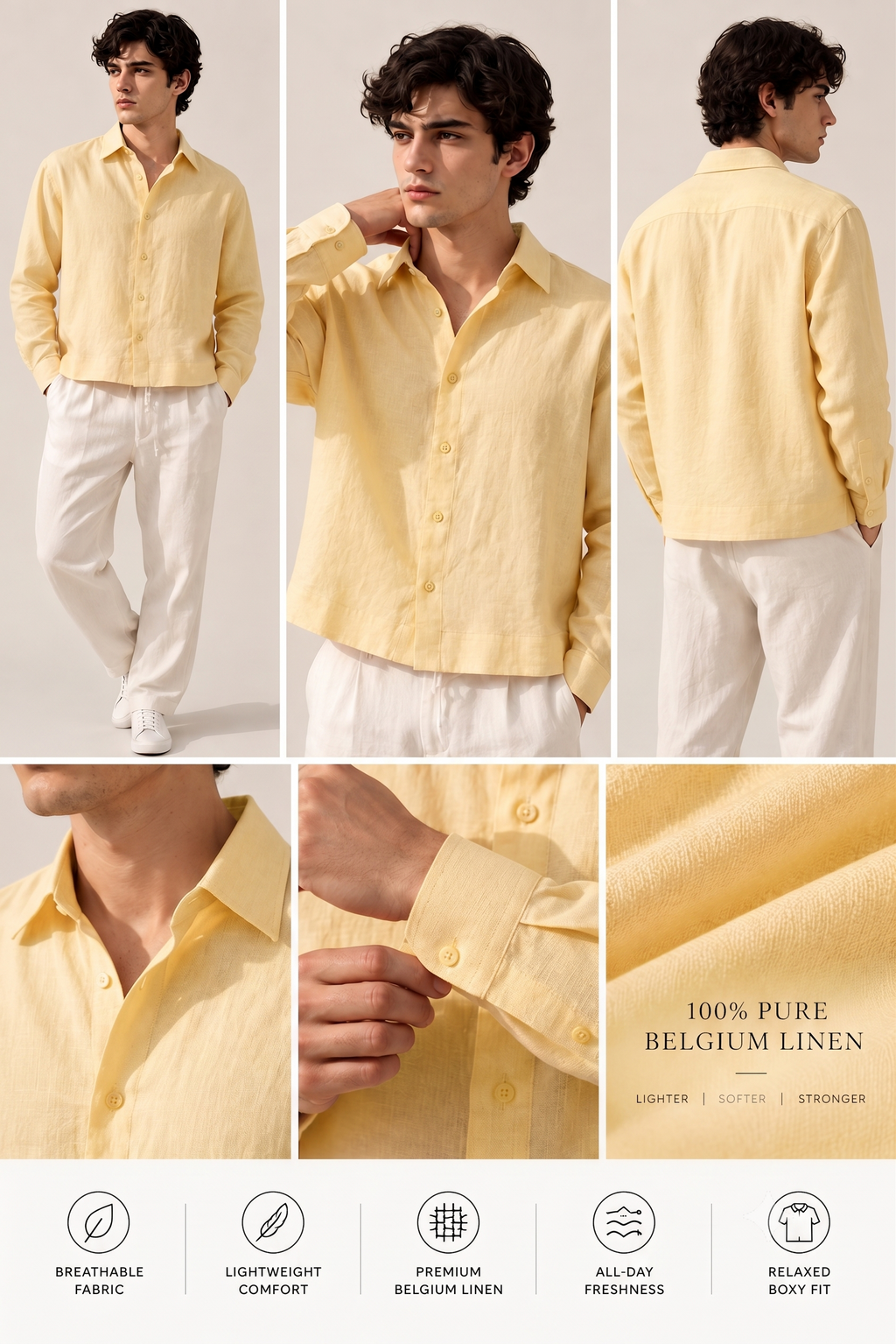 Full Sleeve Yellow Boxy Fit Pure Belgium Linen Crop Shirt