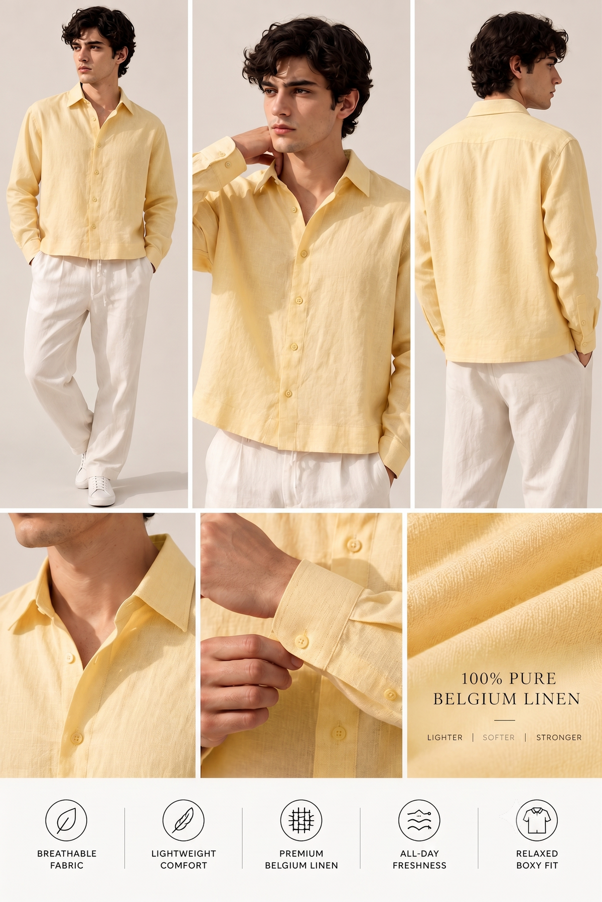Full Sleeve Yellow Boxy Fit Pure Belgium Linen Crop Shirt