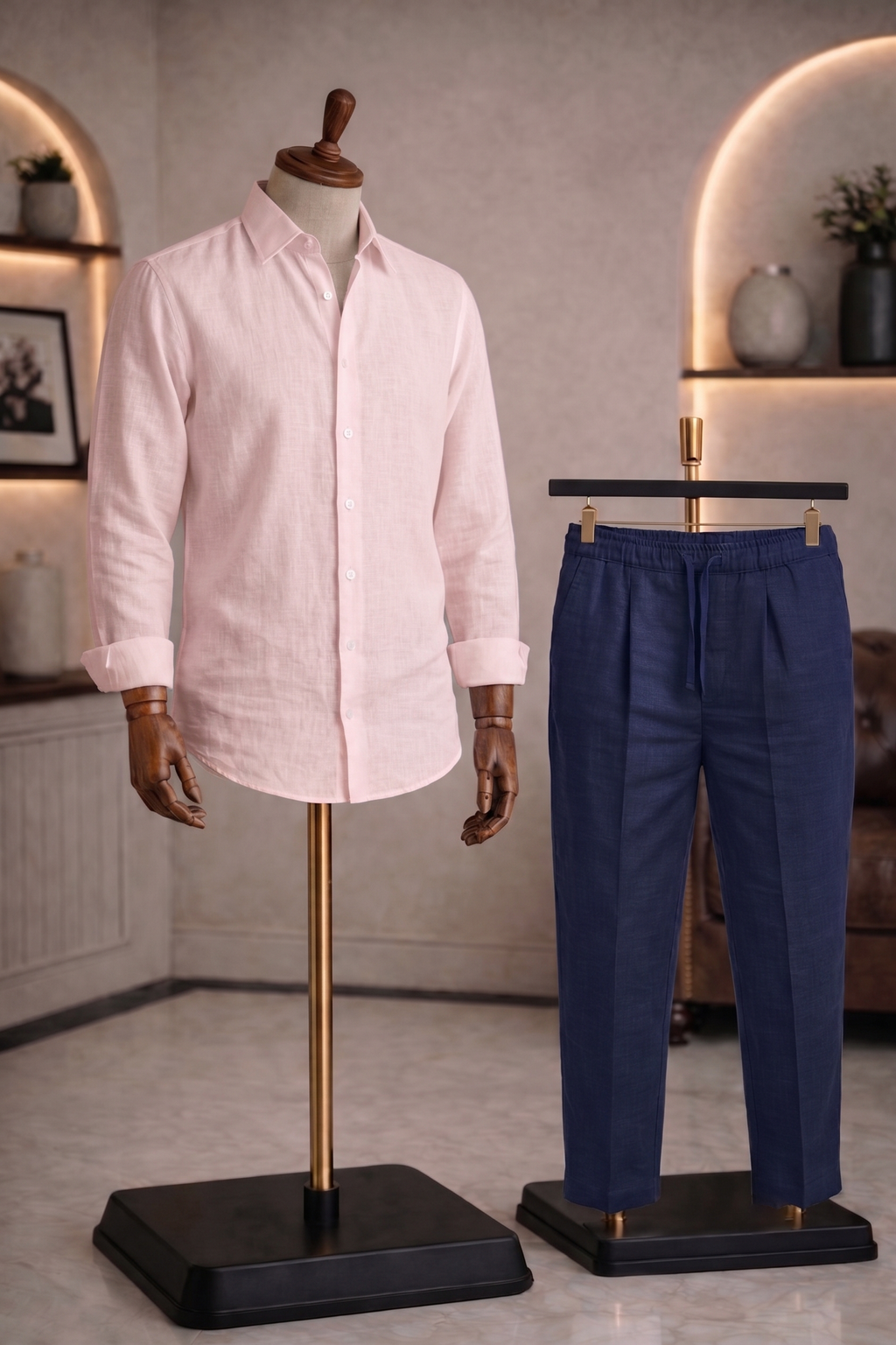 Full Sleeve Linen Pair For Men | Powder Pink Linen Shirt with Navy Linen Pant by french cuff