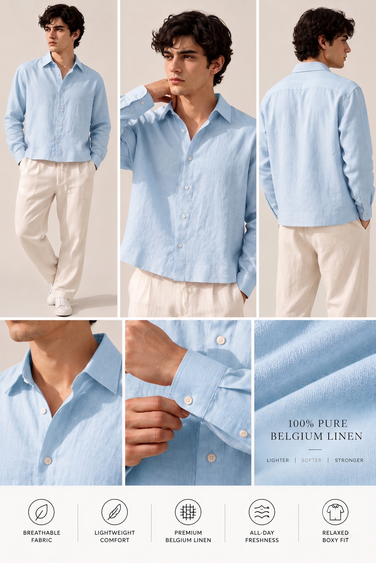 Full Sleeve Sky Blue Boxy Fit Pure Belgium Linen Crop Shirt