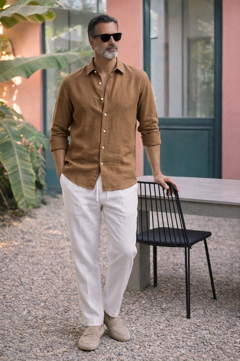 Full Sleeve Linen Pair For Men | Brown Linen Shirt with White Linen Pant
