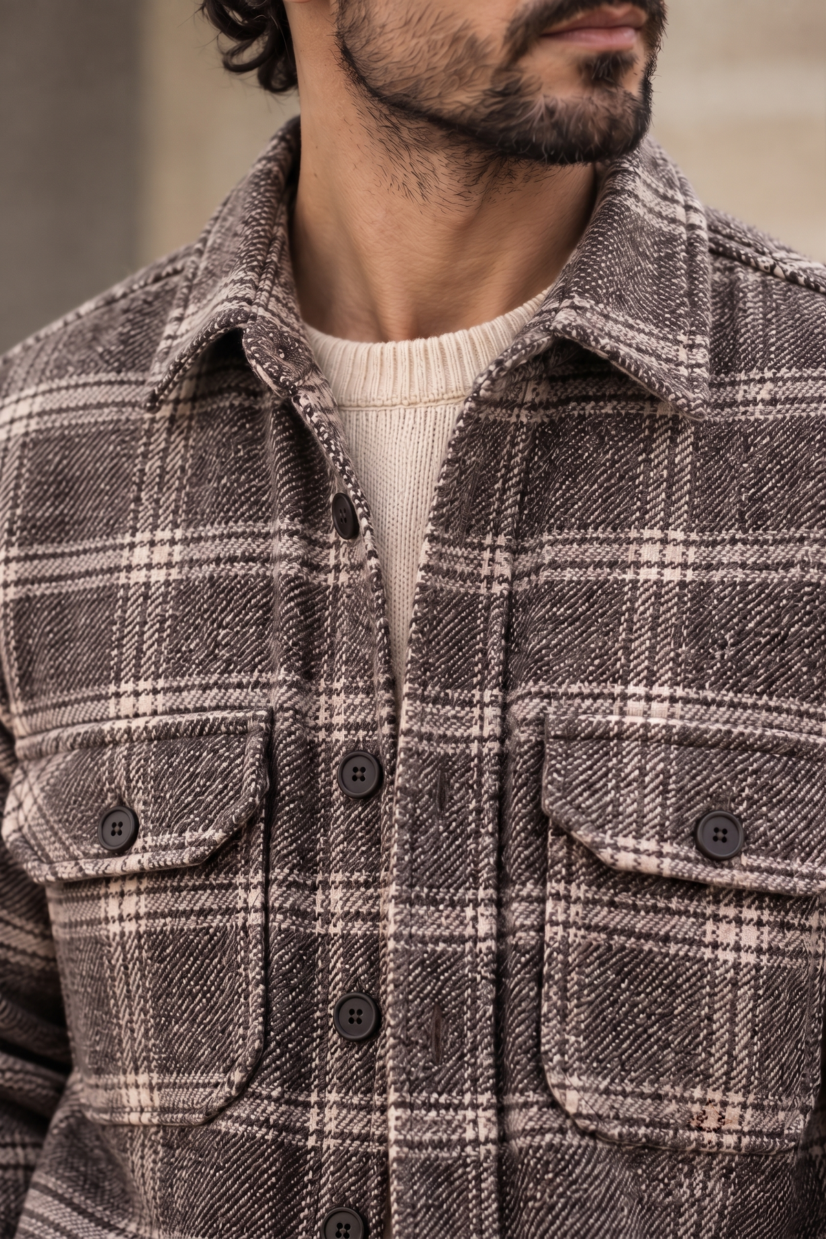 Melange Tartan Beige Checked Premium Wool Shirt for Men