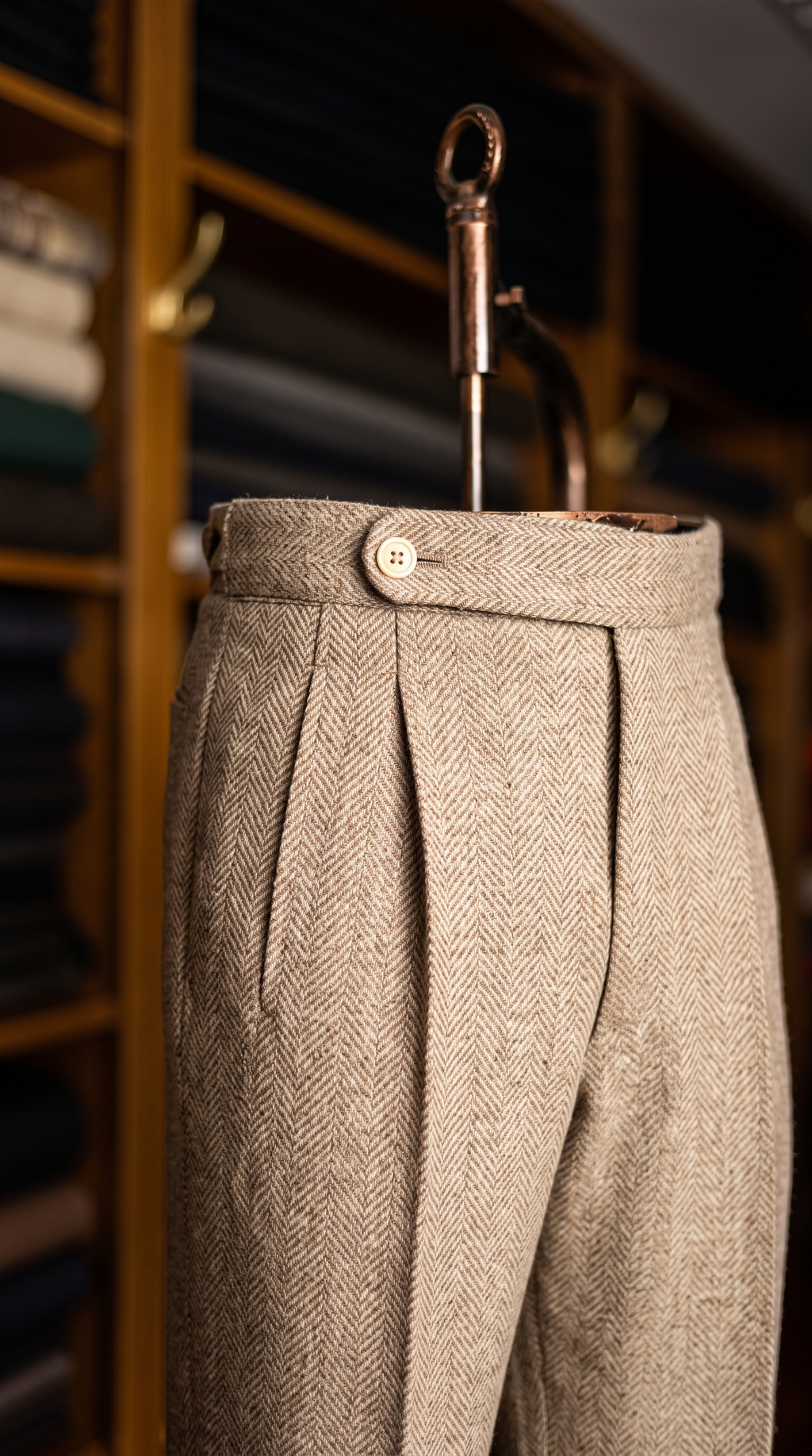 Imperial Beige Herringbone Double Pleated Trousers For Men