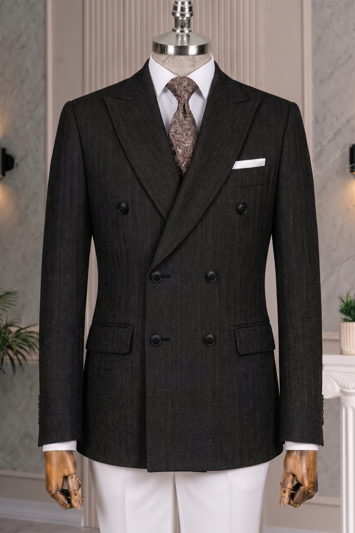 French Cuff Men's Black Herringbone Double Breasted Blazer