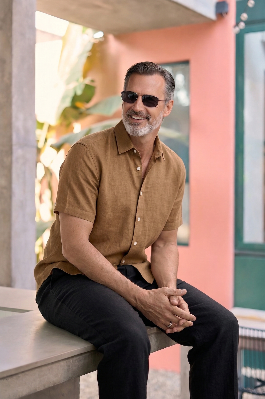 Half Sleeve Linen Pair For Men | Brown Linen Shirt with Black Linen Pant