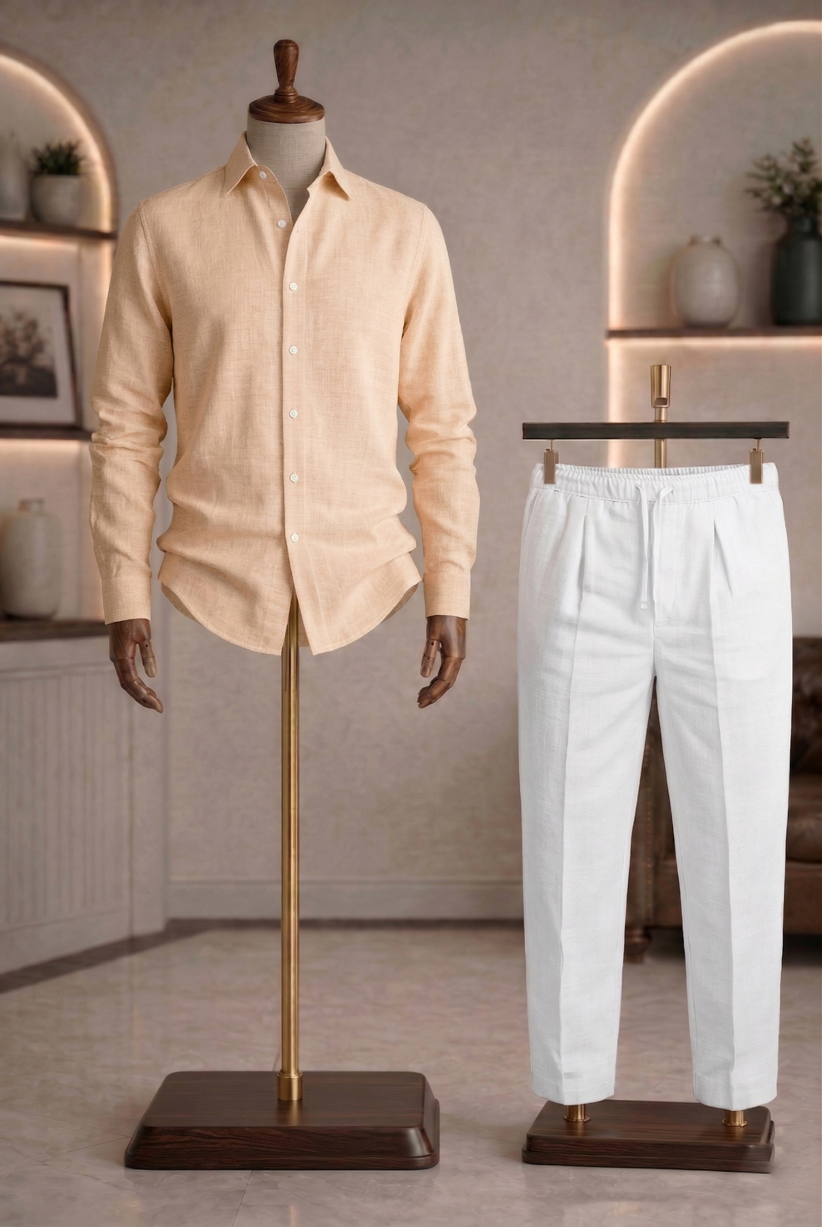 Full Sleeve Linen Pair For Men | Khaki Linen Shirt with White Linen Pant