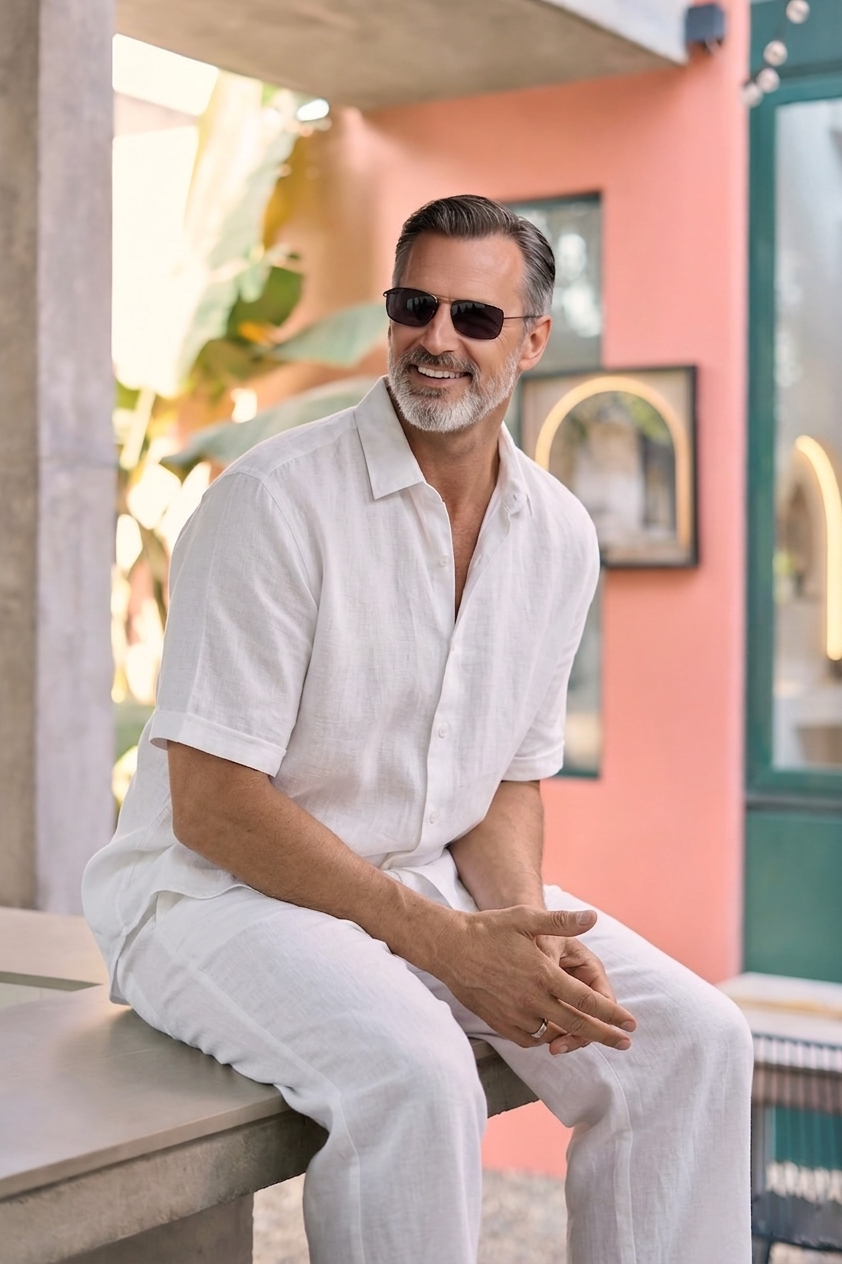 Half Sleeve Linen Pair For Men | White Linen Shirt with White Linen Pant