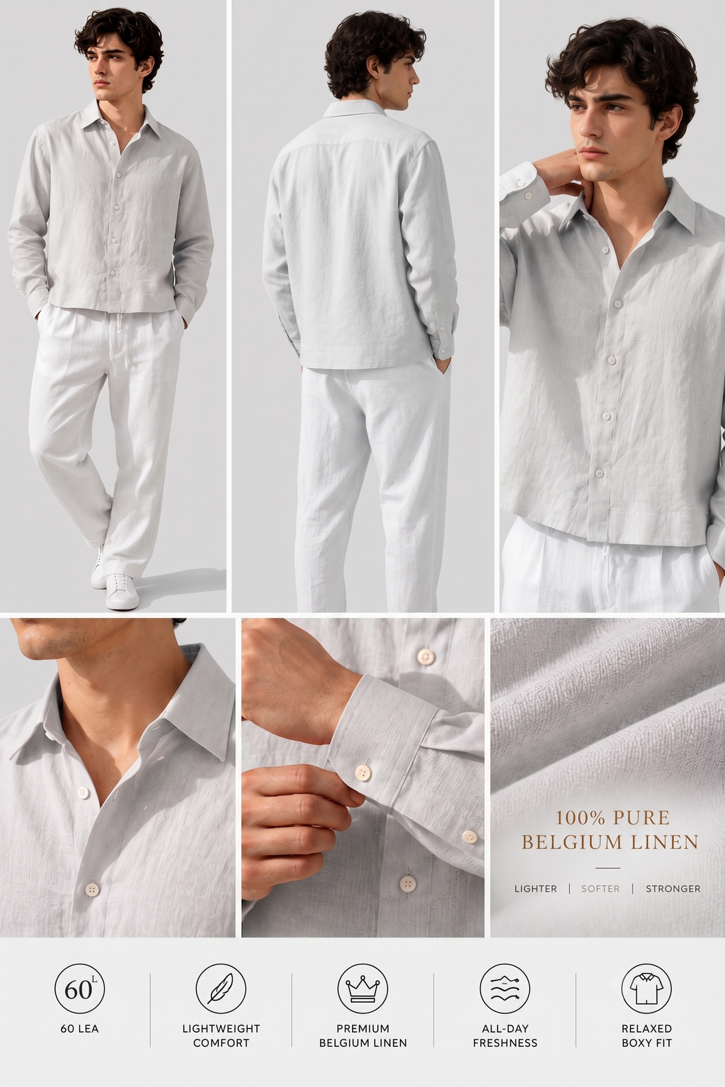 Full Sleeve Grey Boxy Fit Pure Belgium Linen Crop Shirt