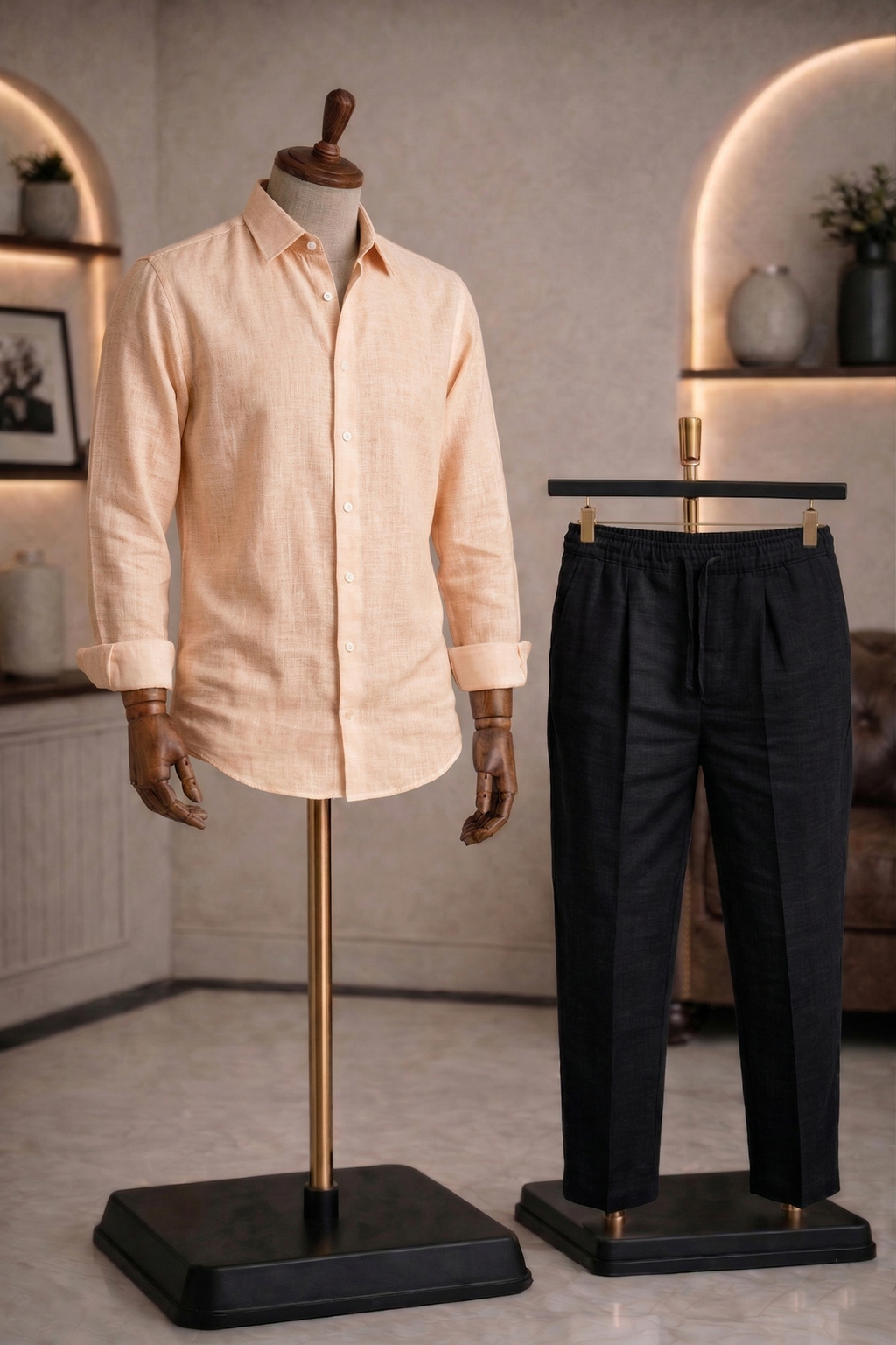 Full Sleeve Linen Pair For Men | Khaki Linen Shirt with Black Linen Pant