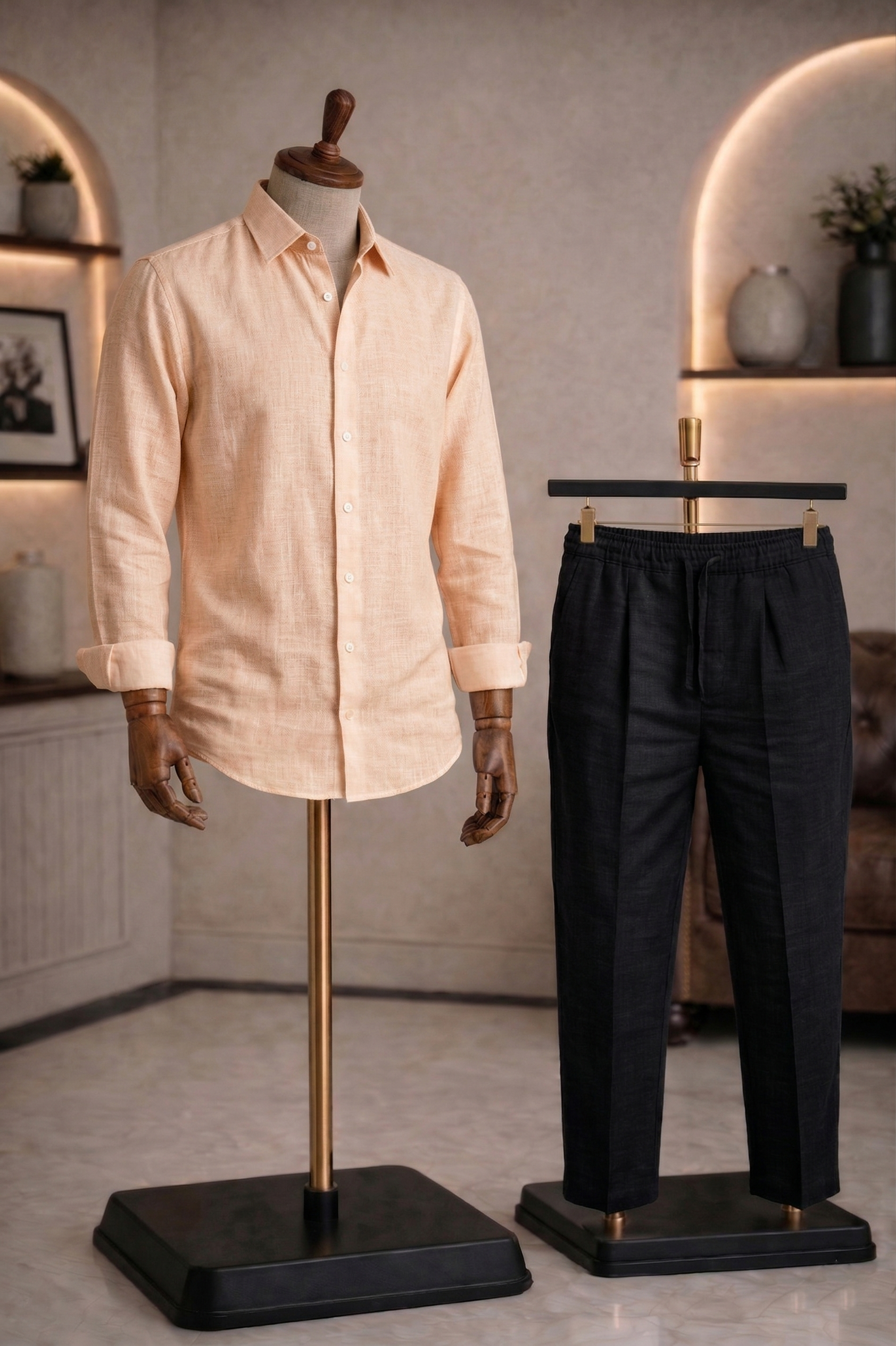 Full Sleeve Linen Pair For Men | Khaki Linen Shirt with Black Linen Pant