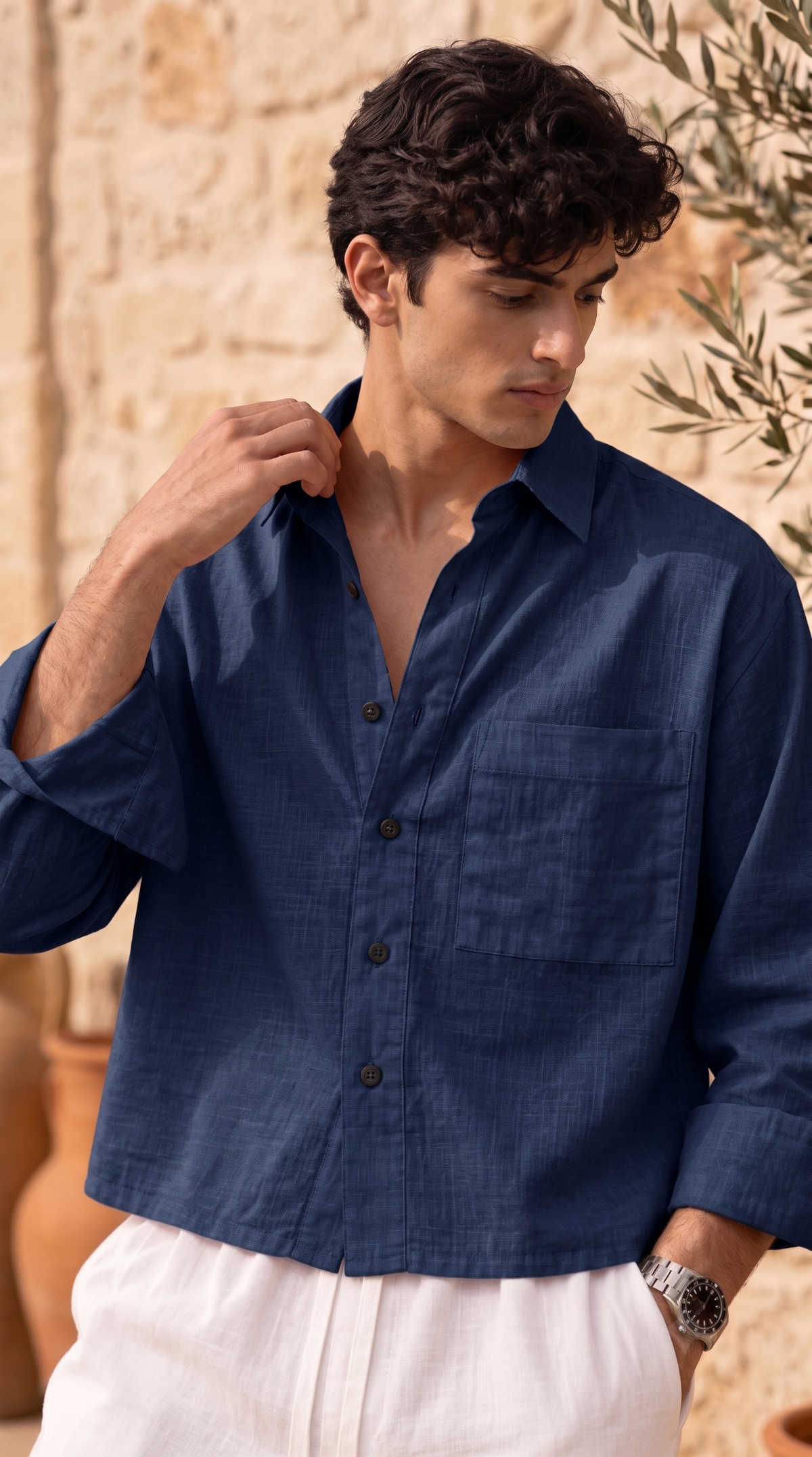 Full Sleeve Navy Boxy Fit Pure Belgium Linen Crop Shirt