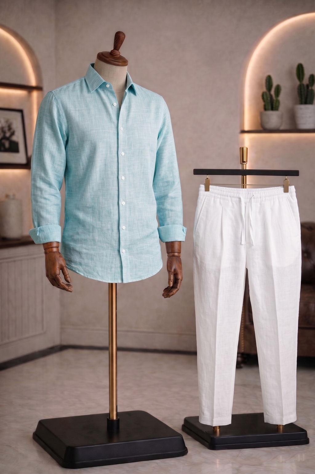 Full Sleeve Linen Pair For Men | Sky Blue Linen Shirt with White Linen Pant