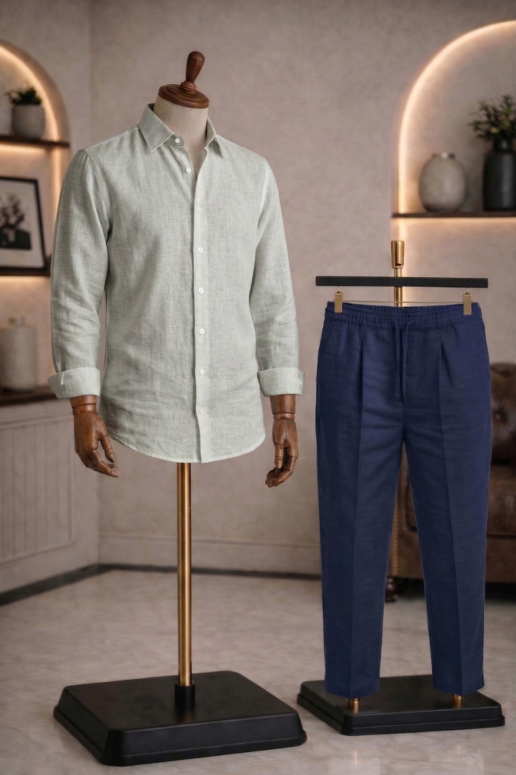 Full Sleeve Linen Pair For Men | Light Grey Linen Shirt with Navy Linen Pant