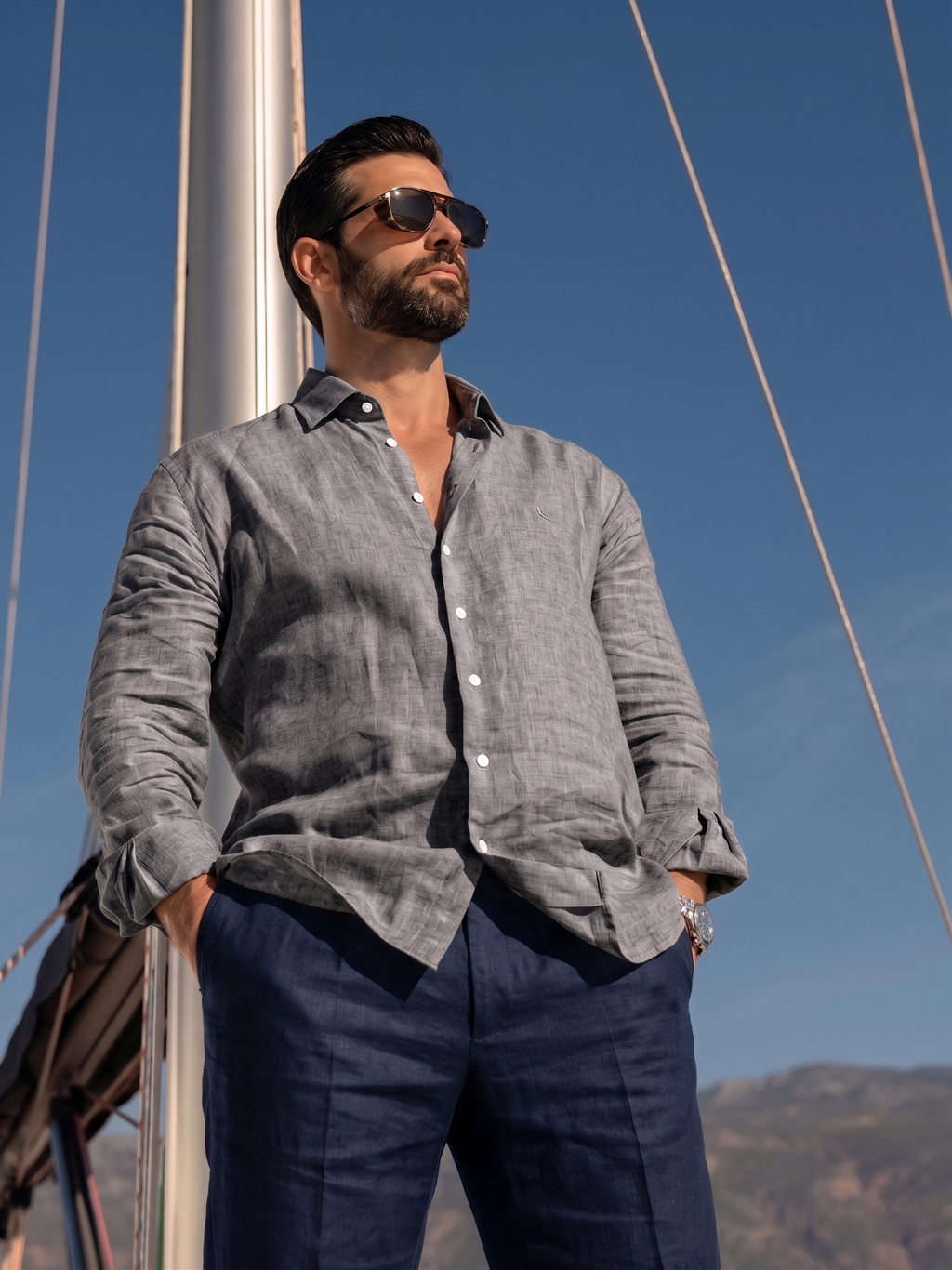Full Sleeve Linen Pair For Men | Dark Grey Linen Shirt with Navy Linen Pant