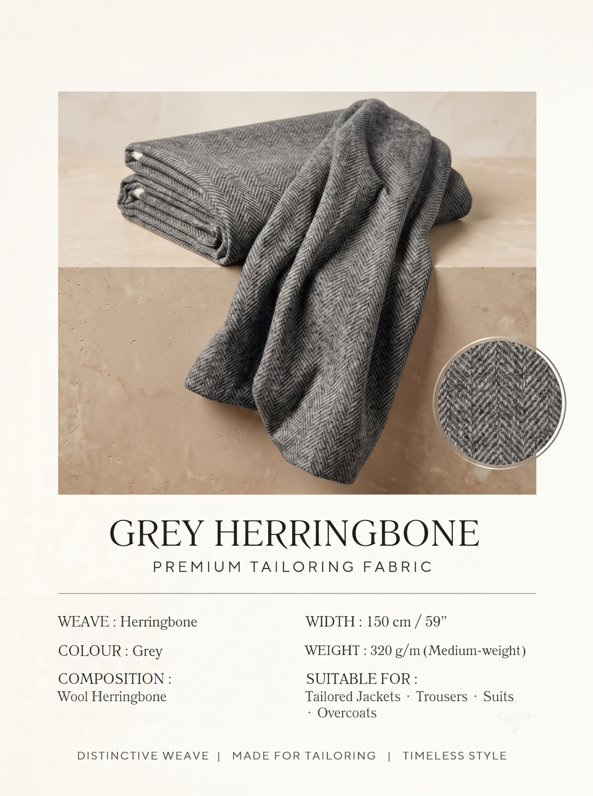 Luxury Grey Herringbone Fabric | Premium Formal Wear Fabric