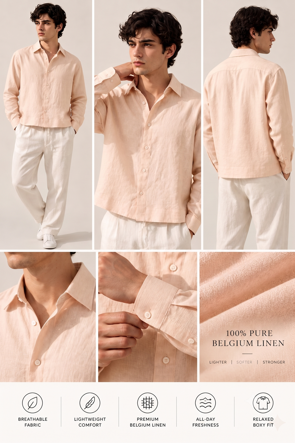 Full Sleeve Beige Boxy Fit Pure Belgium Linen Crop Shirt