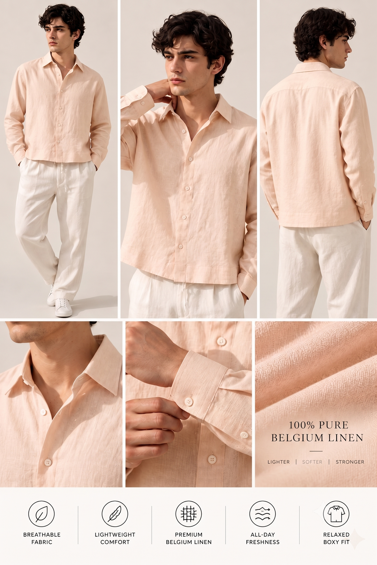 Full Sleeve Beige Boxy Fit Pure Belgium Linen Crop Shirt
