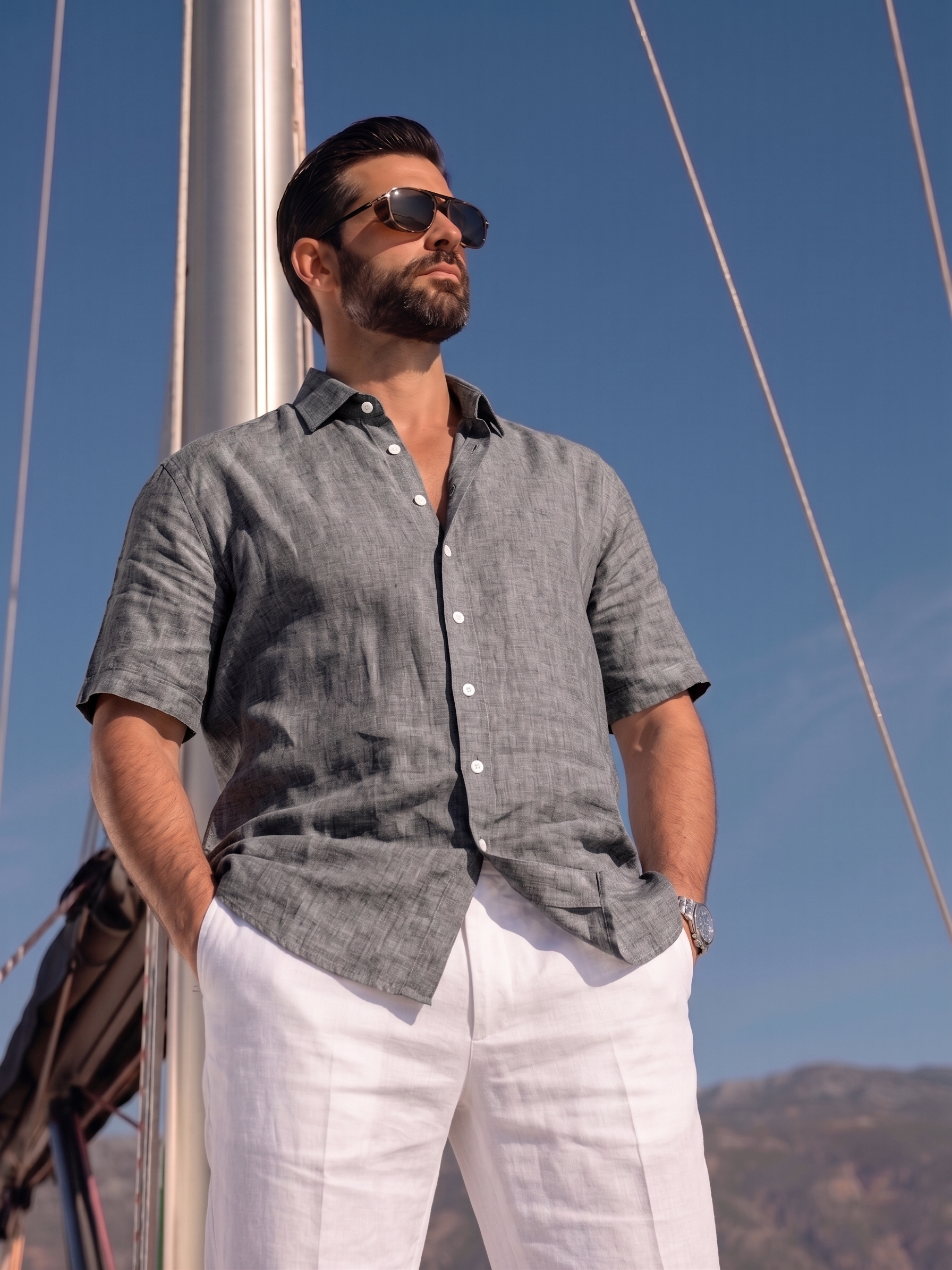Half Sleeve Linen Pair For Men | Dark Grey Linen Shirt with White Linen Pant