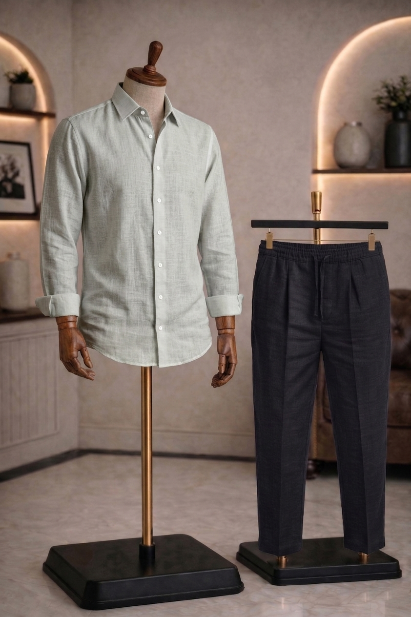 Full Sleeve Linen Pair For Men | Light Grey Linen Shirt with Black Linen Pant