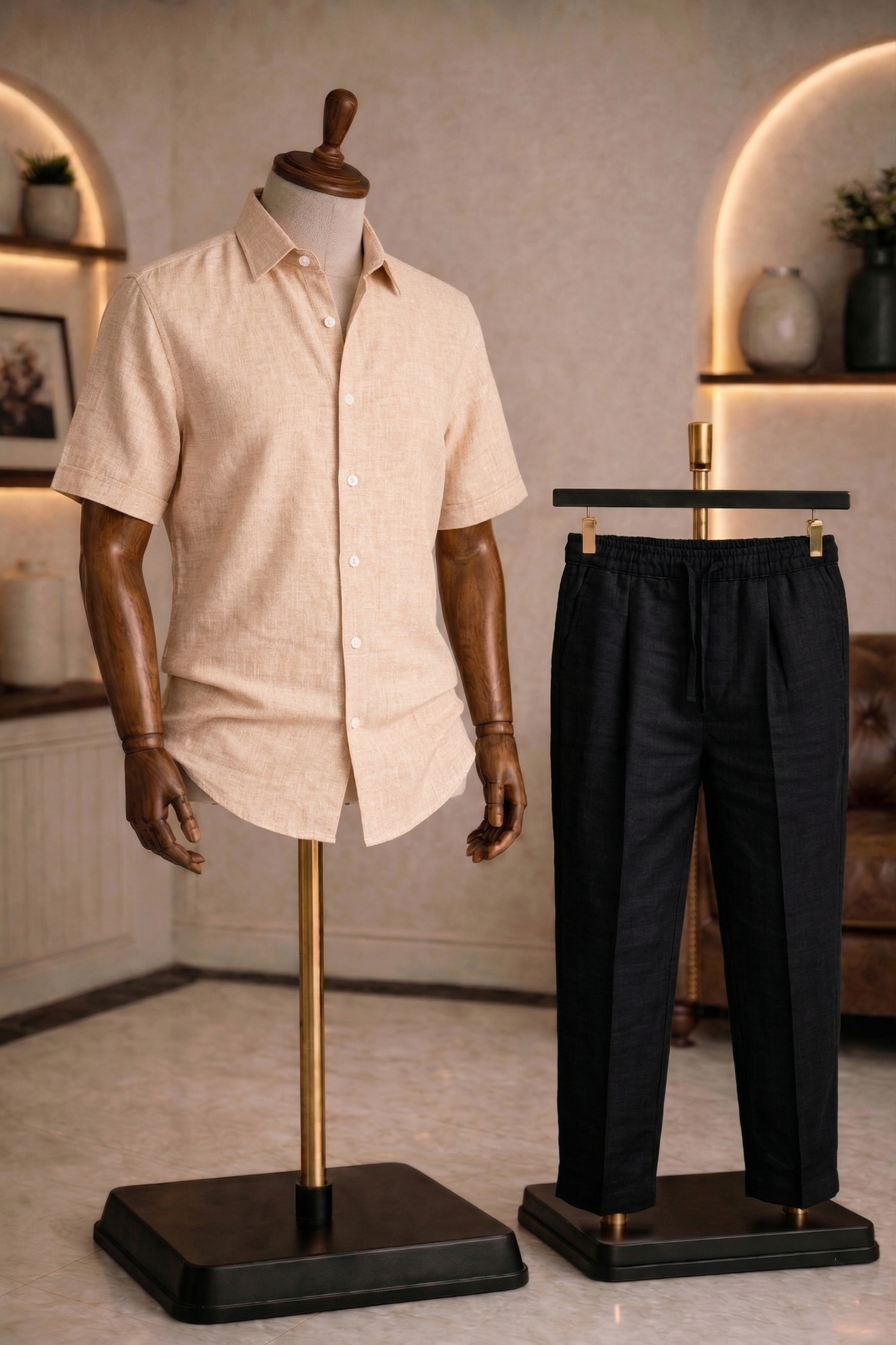 Half Sleeve Linen Pair For Men | Khaki Linen Shirt with Black Linen Pant