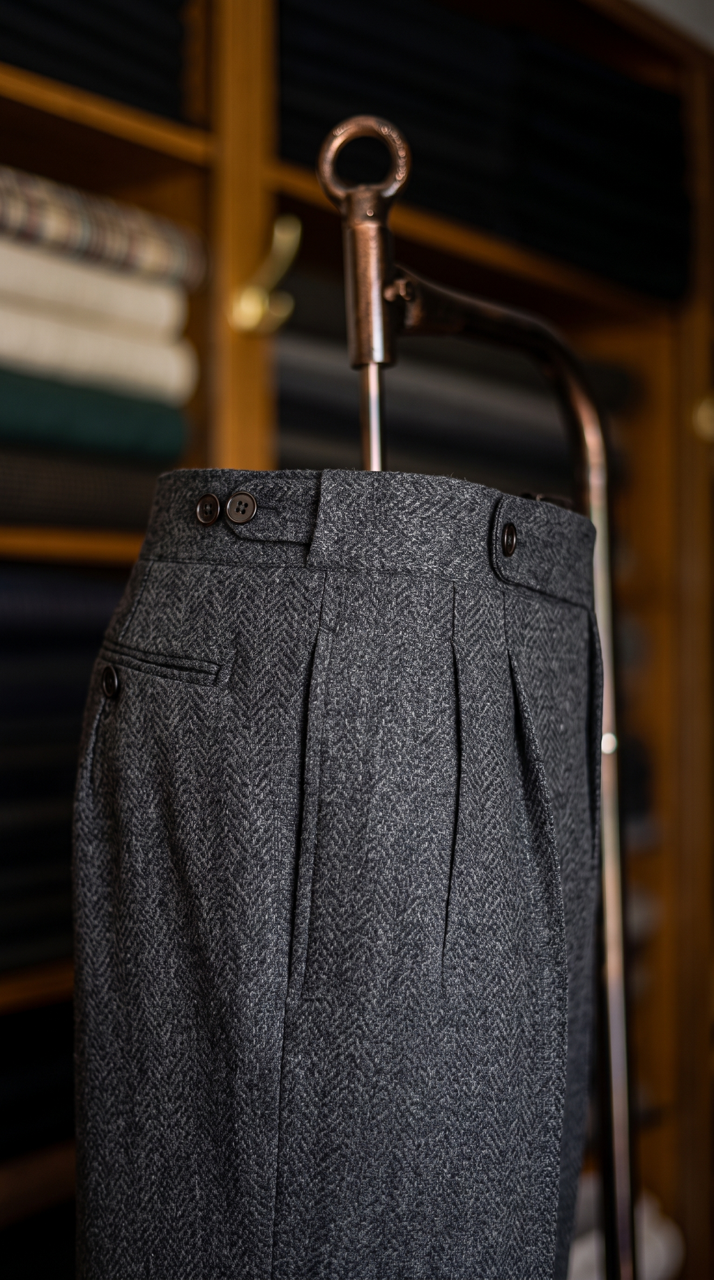 Imperial Black Herringbone Double Pleated Trousers For Men